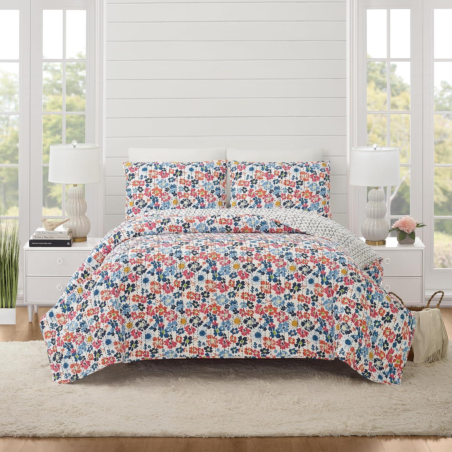 Modern Heirloom Lavender Florals 100% Cotton Reversible Boho Coverlet/Quilt Set