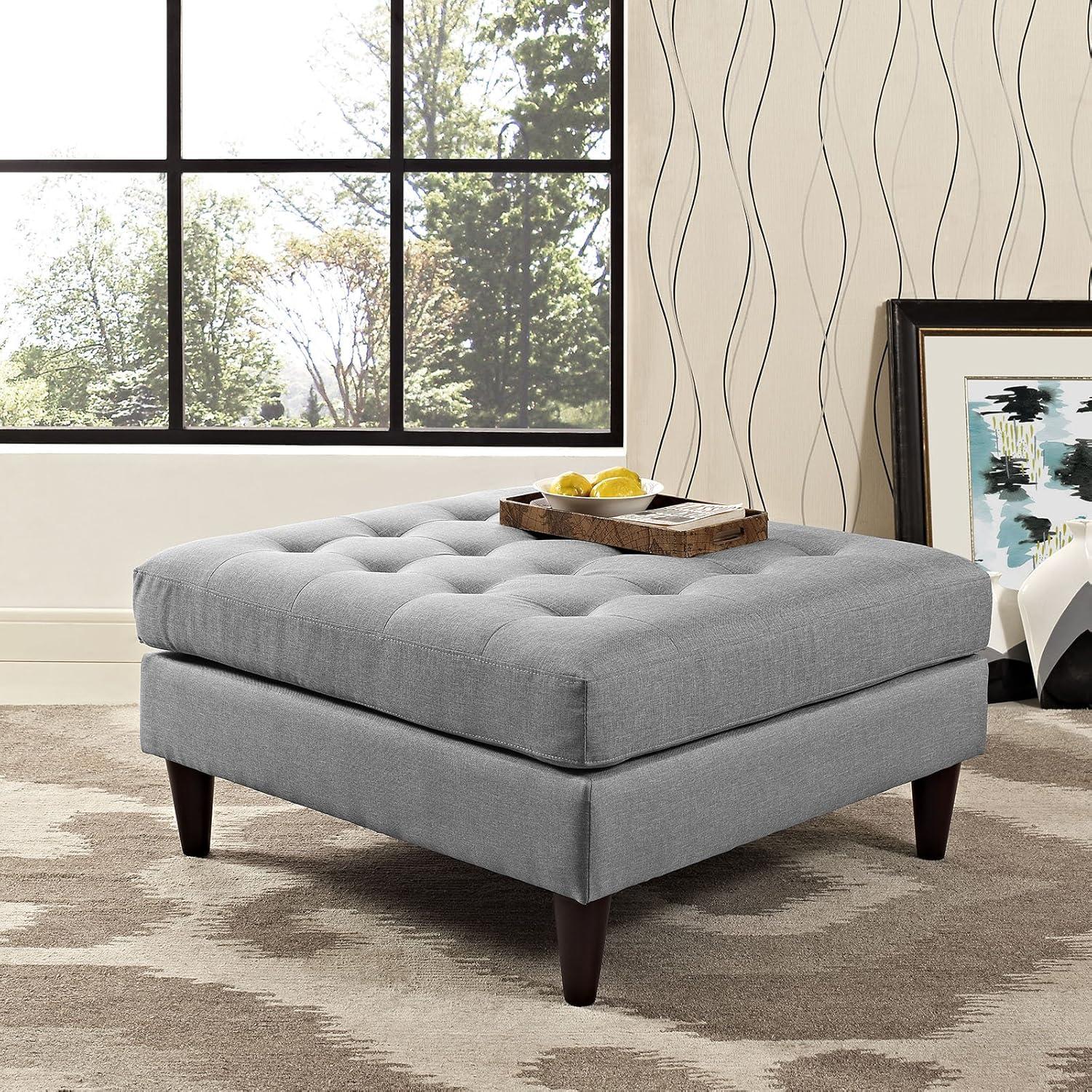 Light Gray Tufted Fabric Ottoman with Tapered Legs