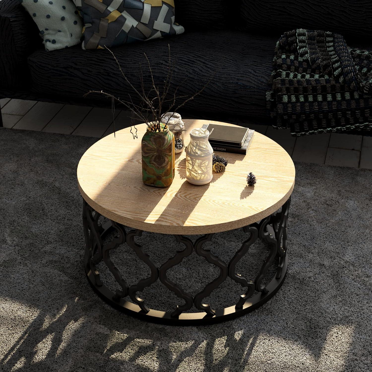 Round Natural Wood Coffee Table with Curved Motif Frame