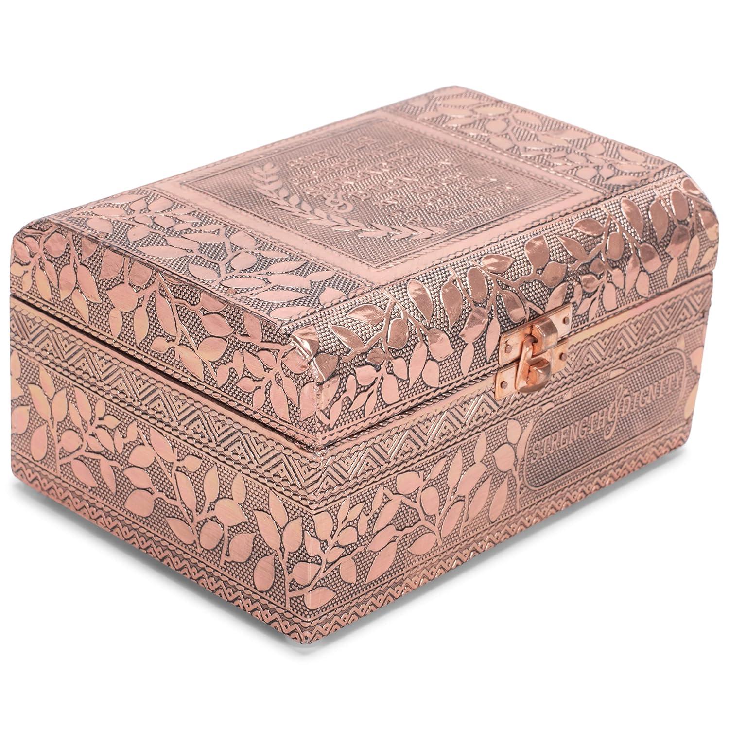 Cottage Garden Strength Copper Tone Metal Stamped Round Top Trunk Keepsake Box