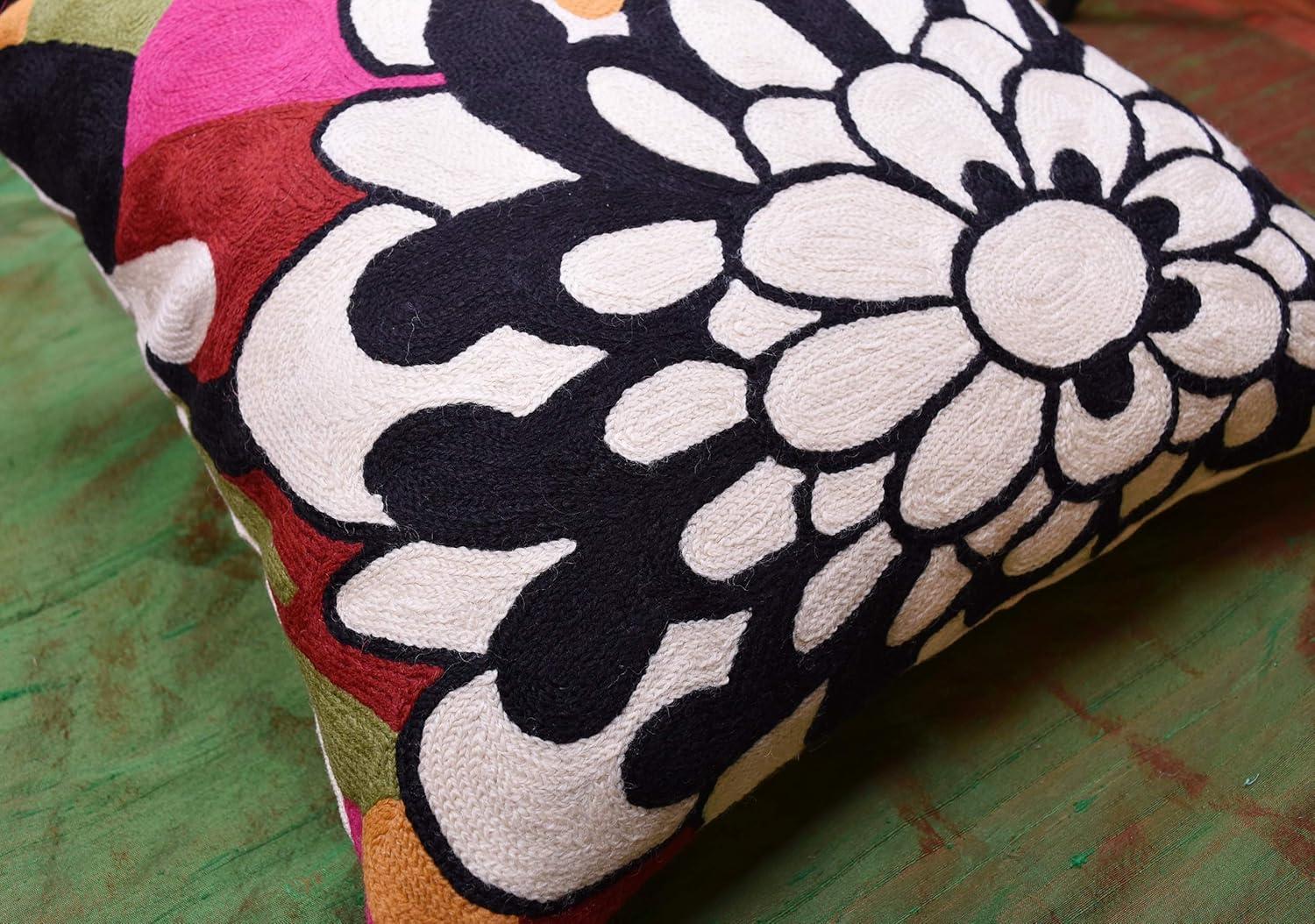 Modern Cream Decorative Floral Pillow Cover Needlepoint White Flower Hand Embroidered Pillowcase Flowery Outdoor Suzani Accent Cushion Boho Chair Modern Chair Pillowsham Wool Size 18x18