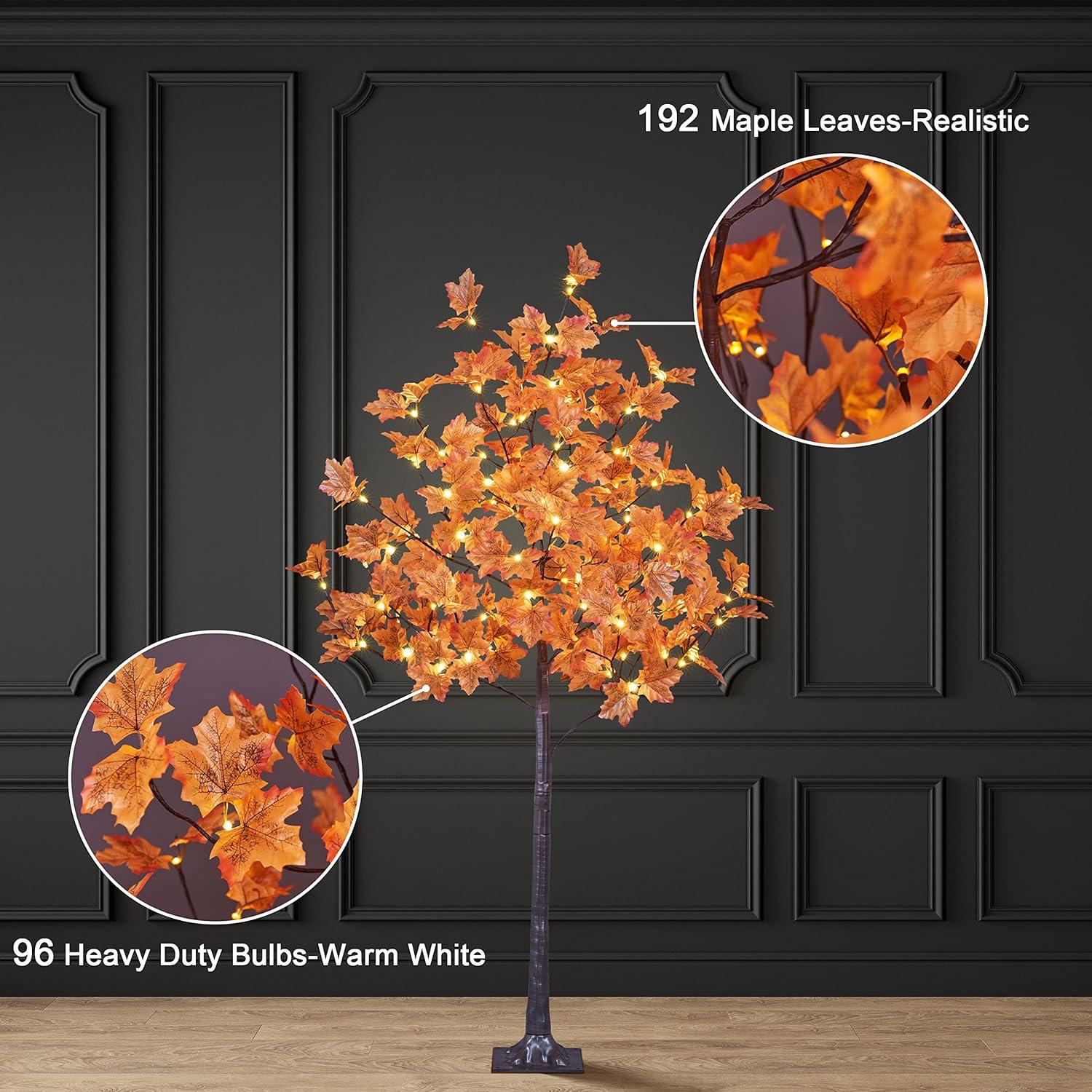 5FT 96LED Artificial Lighted Maple Tree Warm White Fall Decorations Indoor Ourdoor, Orange