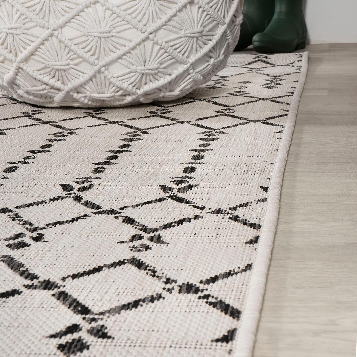 5' x 5' Ourika Moroccan Geometric Textured Weave Indoor/Outdoor Area Rug, Cream/Black - JONATHAN Y