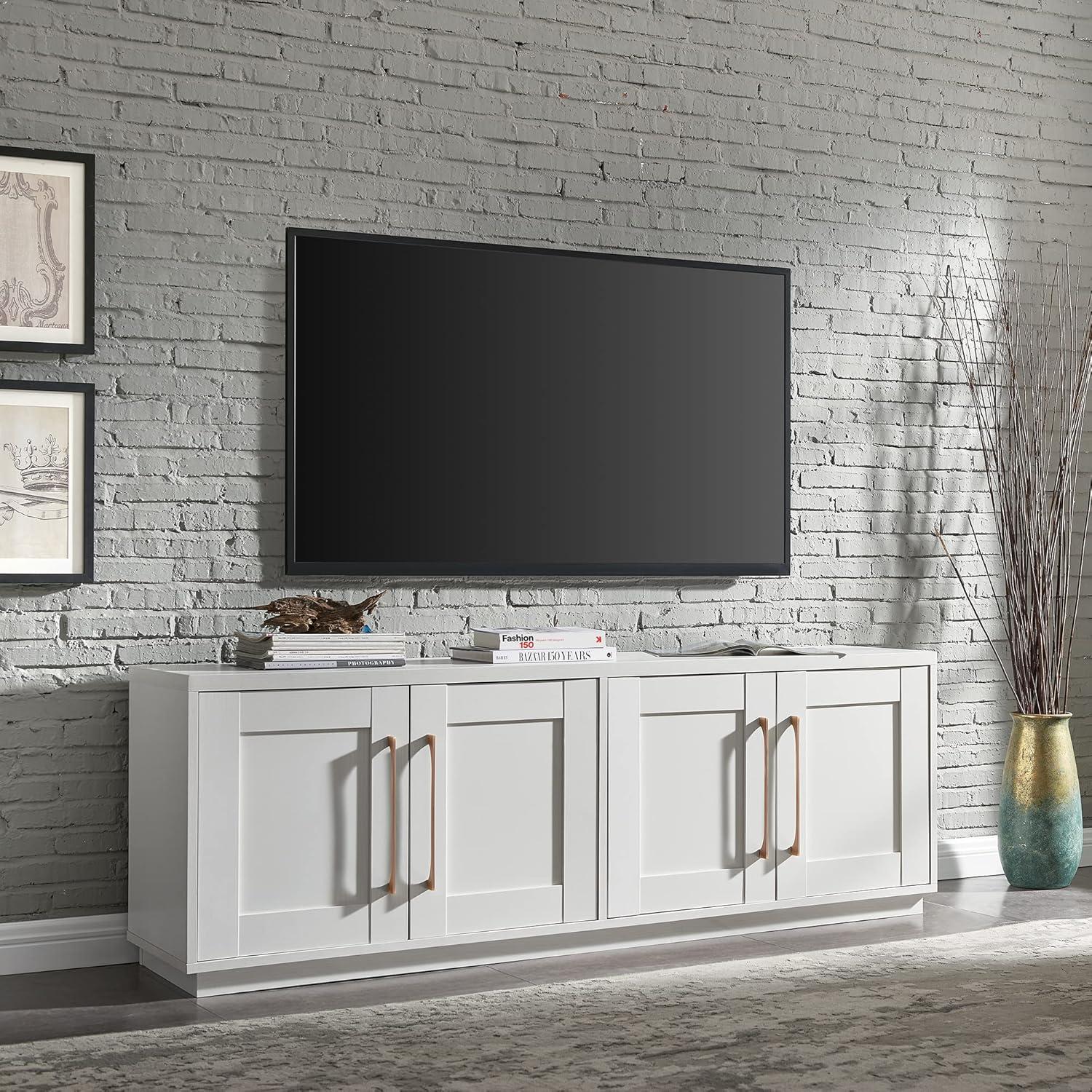 White 68" MDF TV Stand with Cabinets and Fireplace