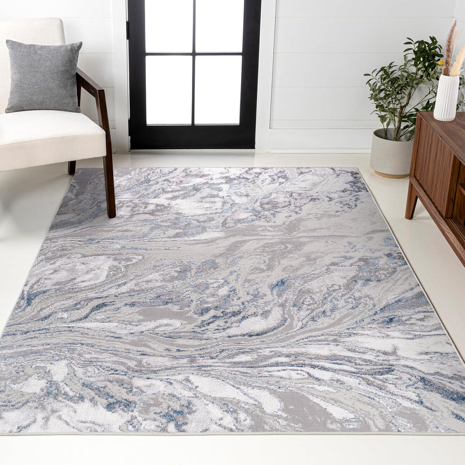 4'x6' Swirl Marbled Abstract Area Rug, Gray/Blue - JONATHAN Y