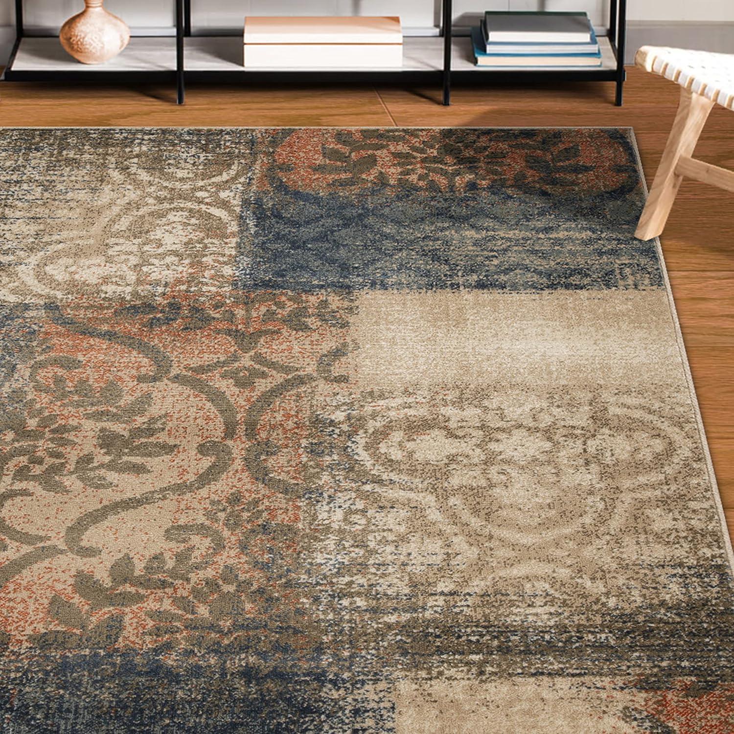 Superior Bristol 8' x 10' Indoor Area Rug, Damask Rugs for Living Room Bedroom, Midnight Navy-Salmon
