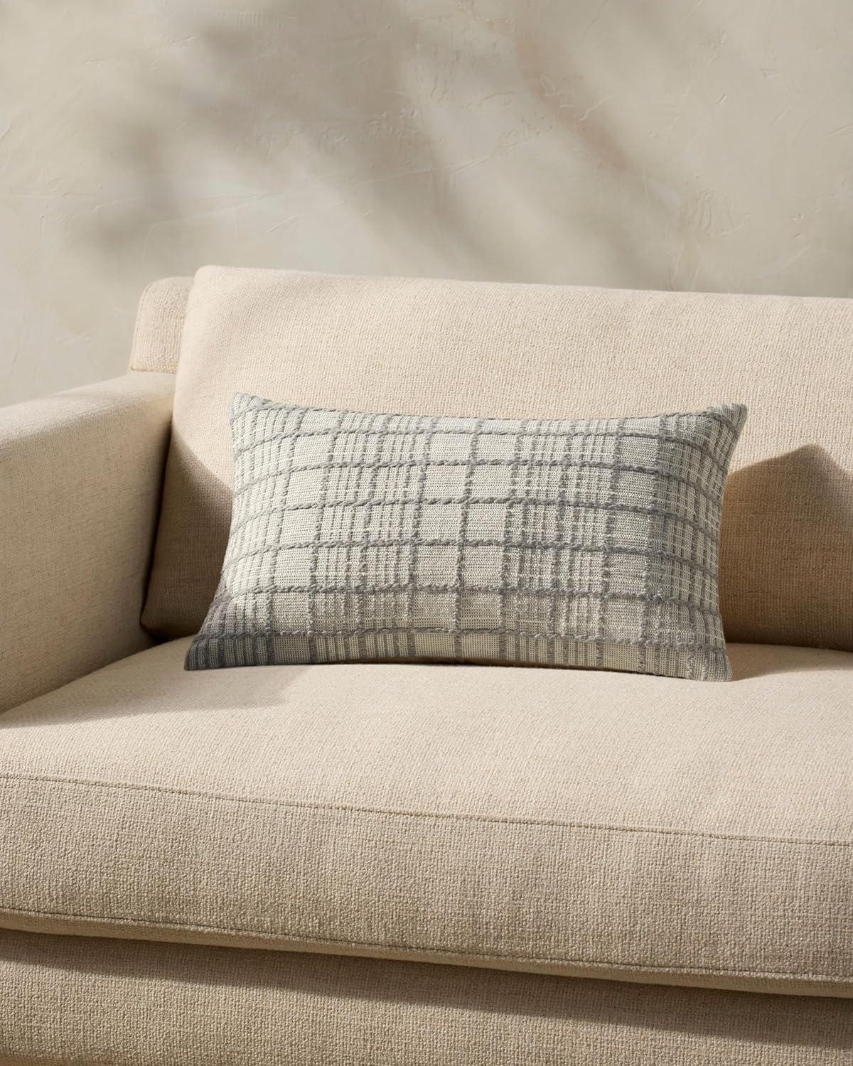 Grey Cotton Windowpane Check Lumbar Pillow Cover 13'' x 21''