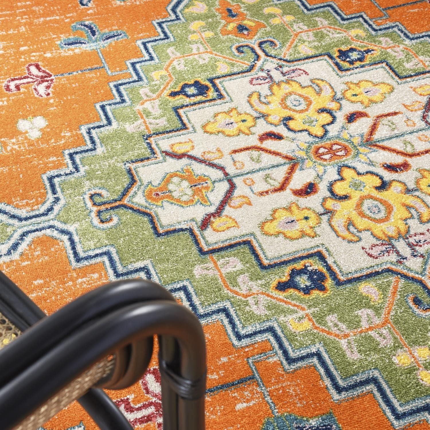 Bohemian Medallion 9' x 12' Orange Multicolor Easy-Care Area Rug