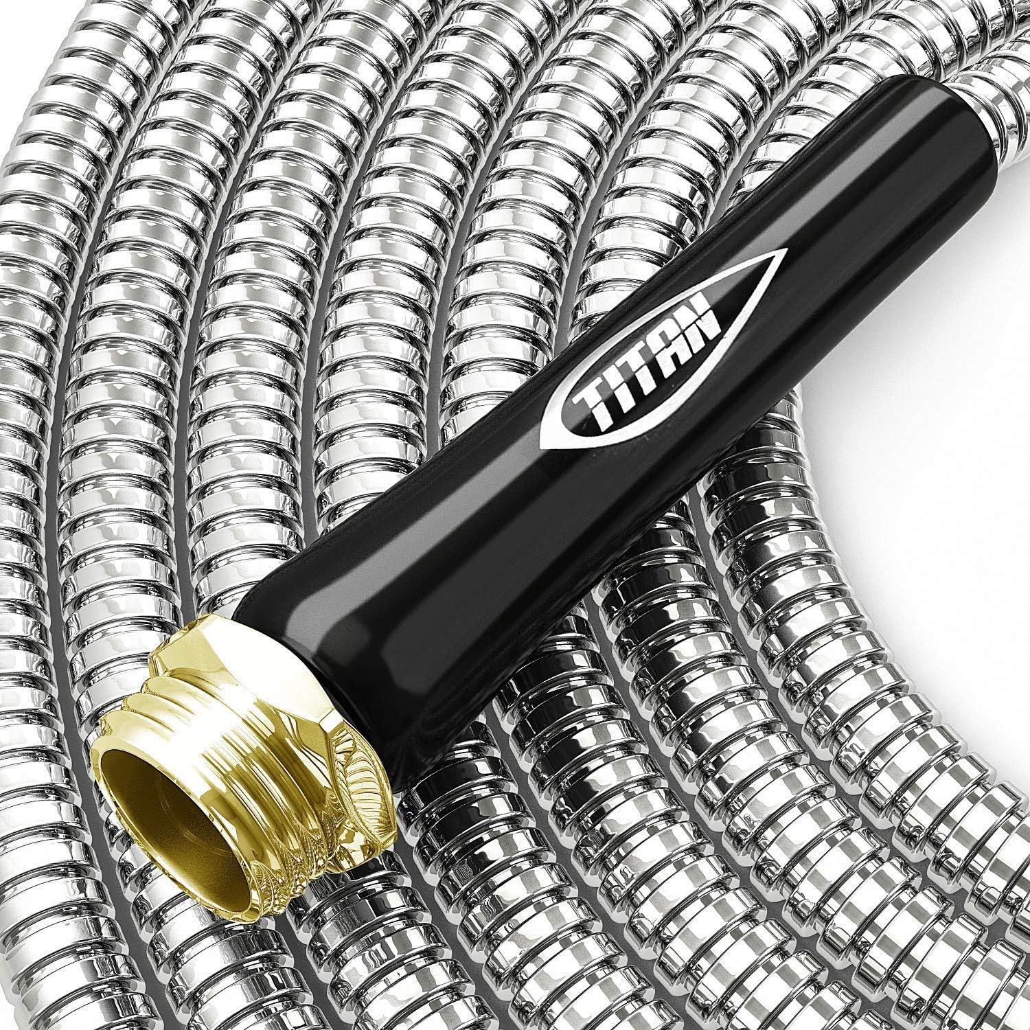 TITAN Garden Hose 100FT - 304 Stainless Steel Metal Water Hose, Flexible, Kink-Free, Lightweight, Durable, Crush Resistant Fittings, Easy to Coil, 500 PSI