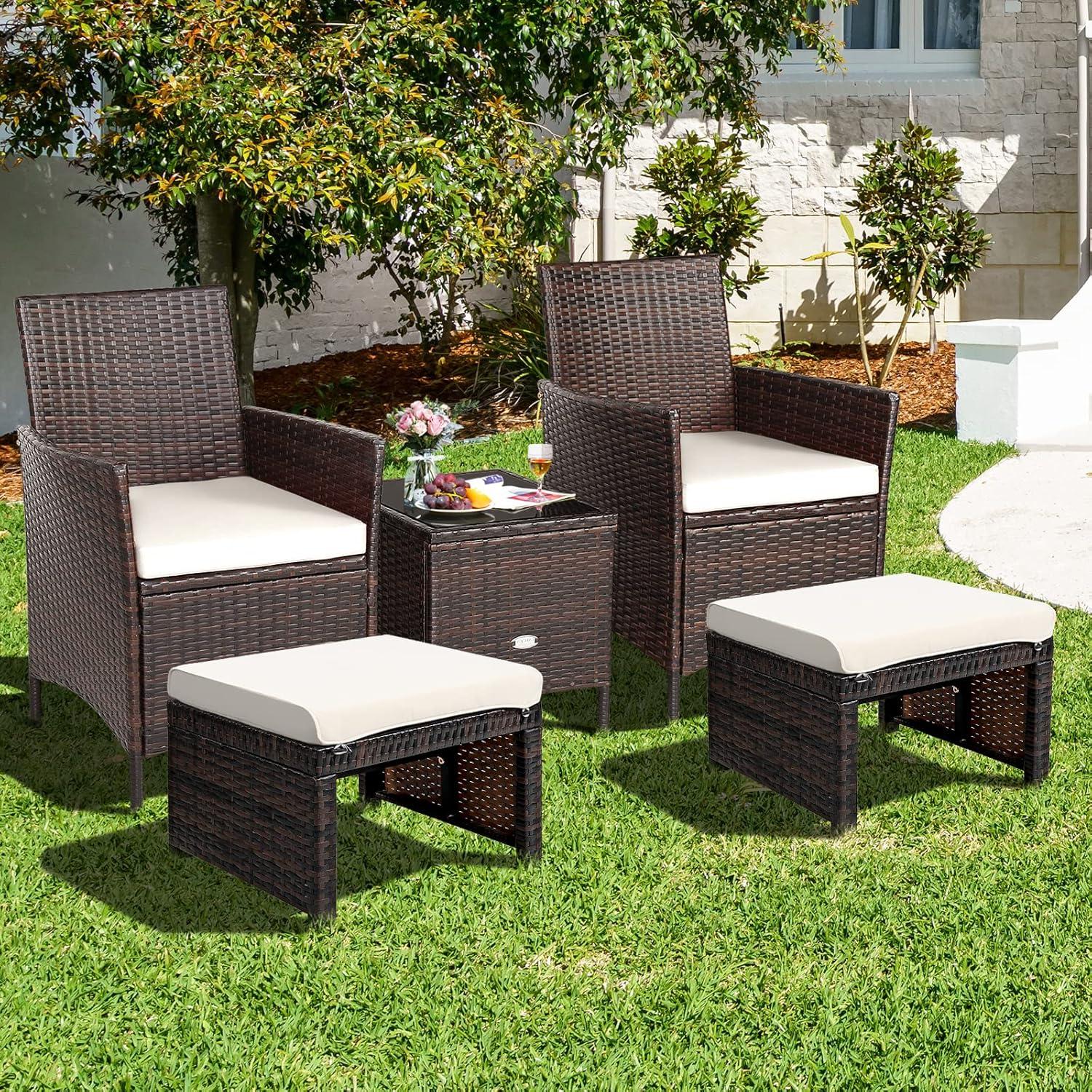 GVN 2 Pieces Patio Rattan Ottomans with Soft Cushion for Patio and Garden-White, Outdoor Footstool Footrest Furniture, All Weather Outdoor Ottomans Footrest Seat