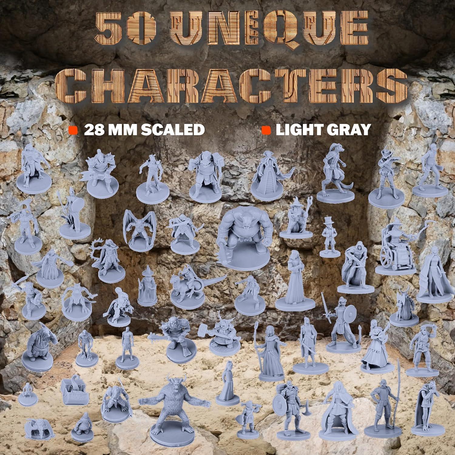50 Unique Miniatures Fantasy Tabletop RPG Figures for Dungeons and Dragons, Pathfinder Roleplaying Games. Bulk unpainted, Great for D&D