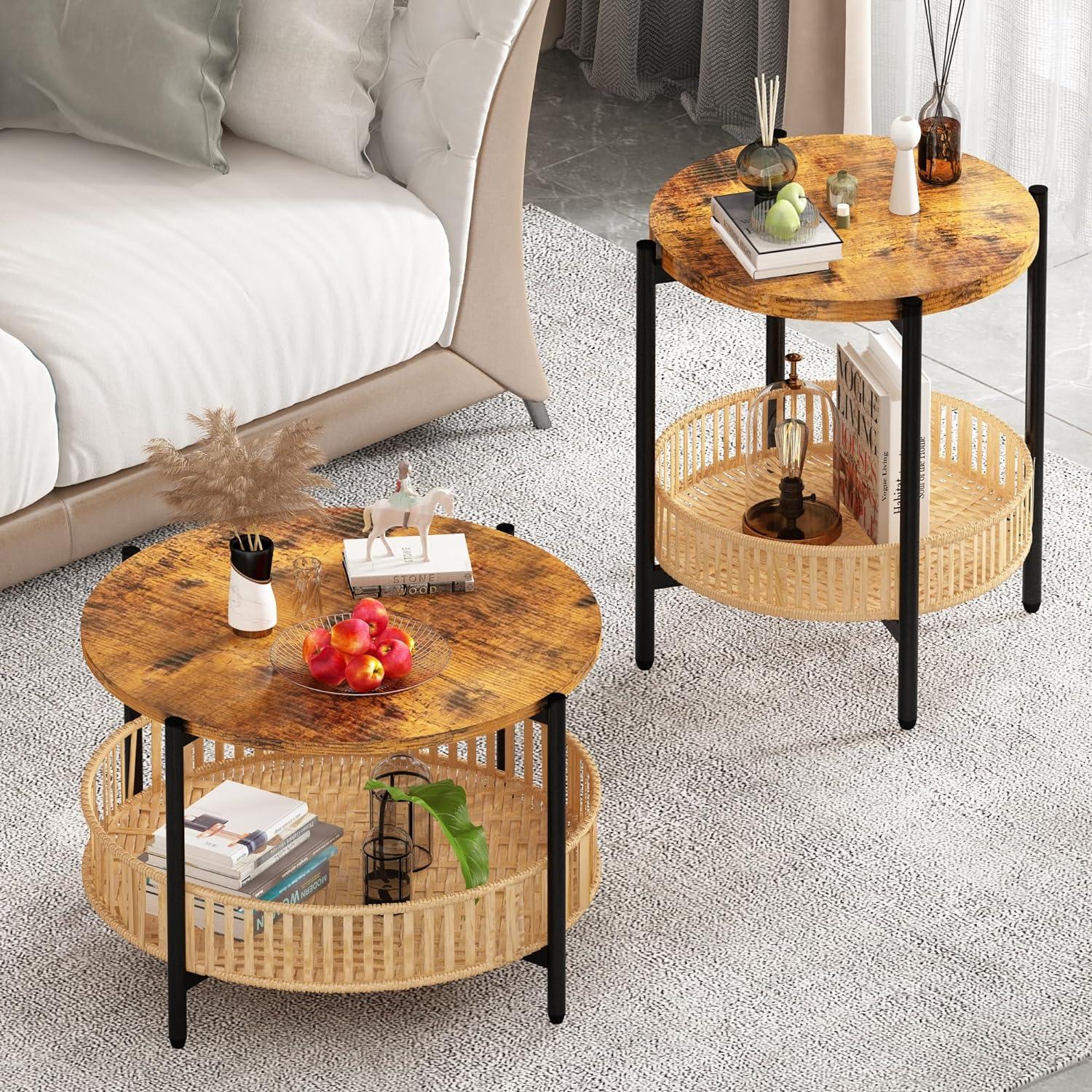 AWQM 3 Pieces Coffee Table Set for Living Room, 2 Tier Round Rattan Coffee End Side Table, Boho Living Room Table Set with Metal Frame for Bedroom Office
