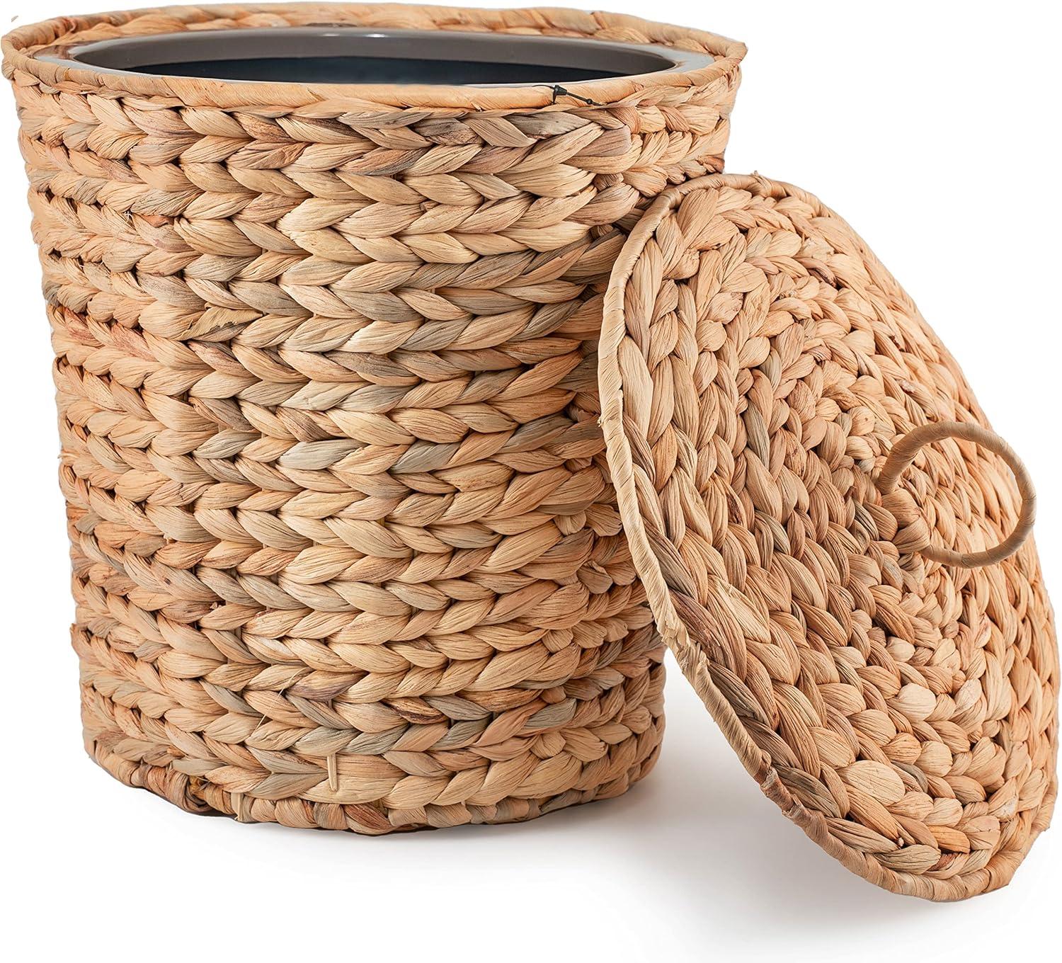 Medium Natural Wicker Round Trash Can with Lid