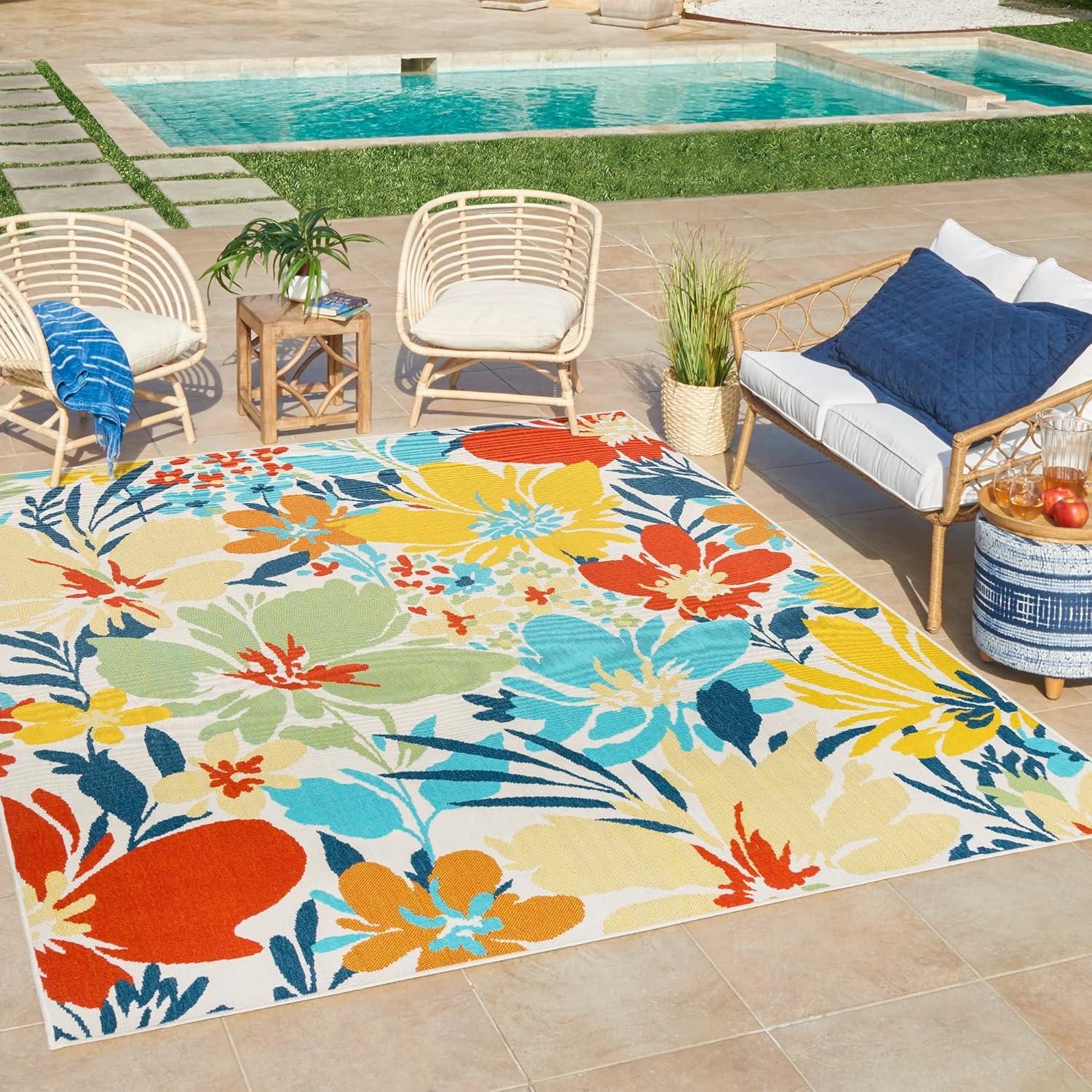 Gertmenian 5'2"x7' Jona Nelisa Bright Floral Rectangle Woven Indoor/Outdoor Accent Rug: Polypropylene, Fade-Resistant, Hose Clean