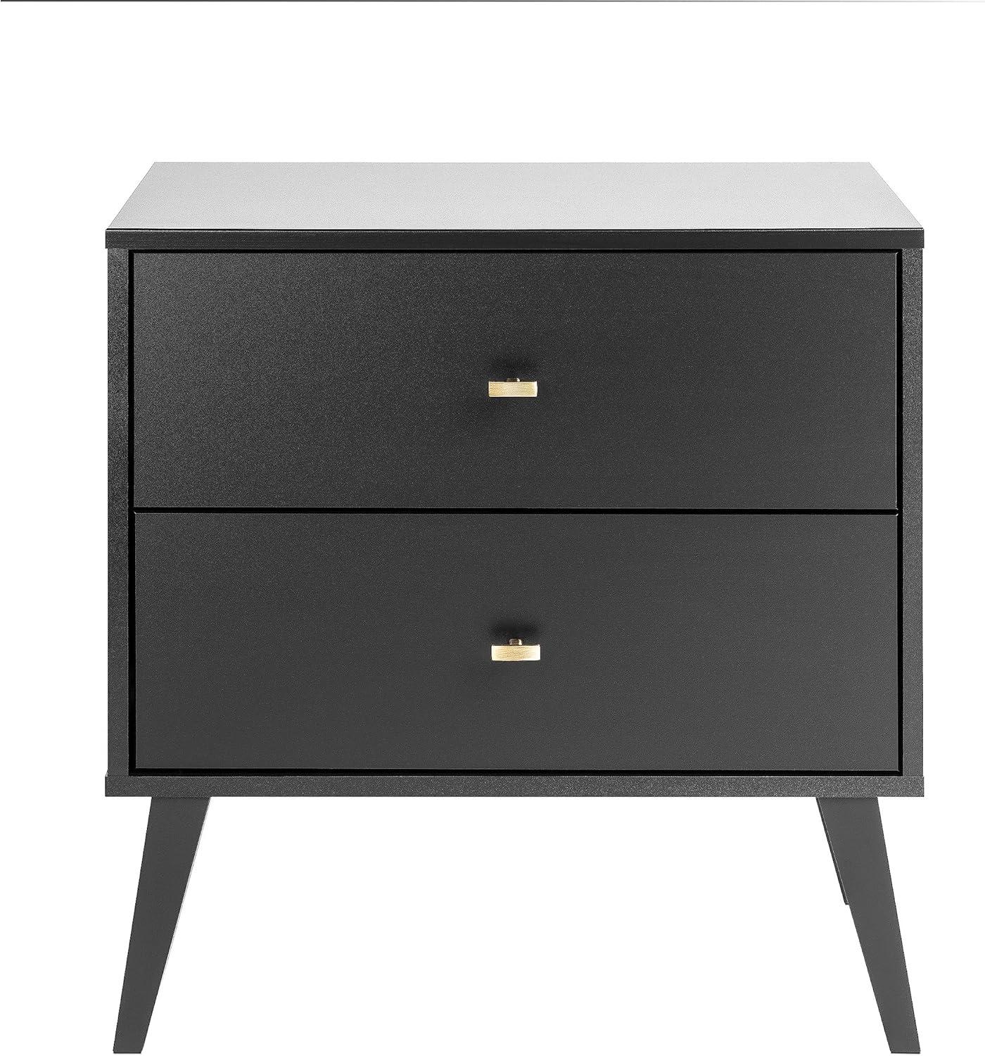 Mid Century Modern 2 Drawer Wide Nightstand Black - Prepac: Sleek Bedside Furniture, Tapered Legs