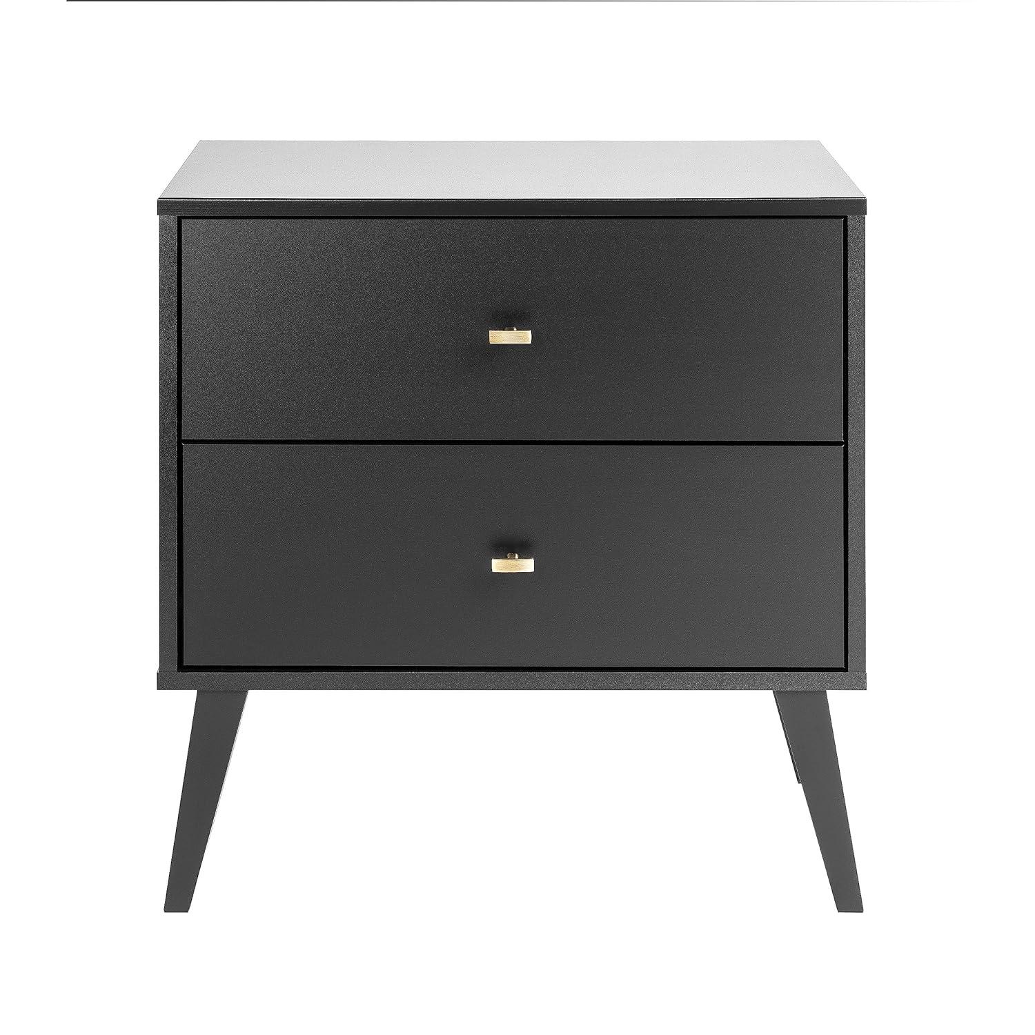 Mid Century Modern 2 Drawer Wide Nightstand Black - Prepac: Sleek Bedside Furniture, Tapered Legs