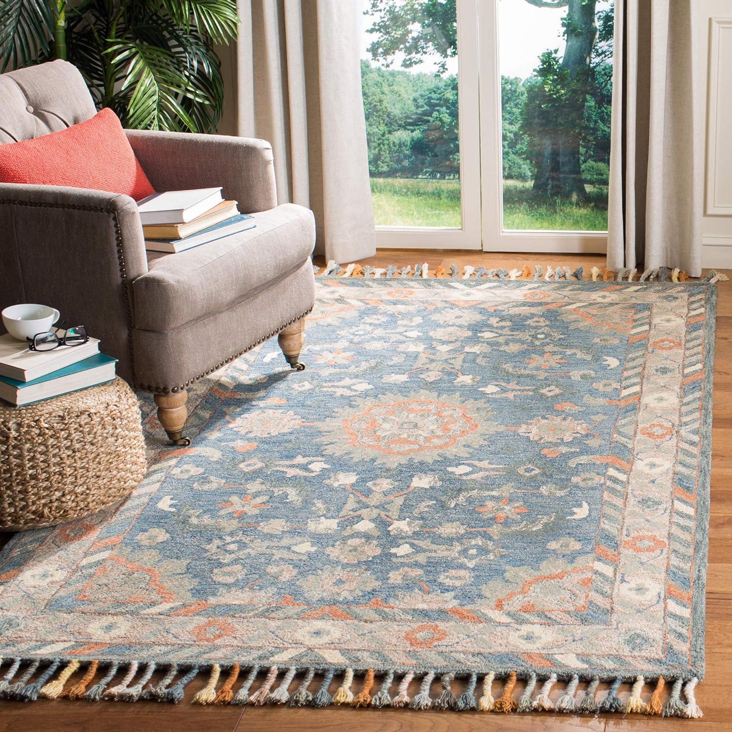 Handmade Tufted Wool Rectangular Rug in Blue, 5' x 8'