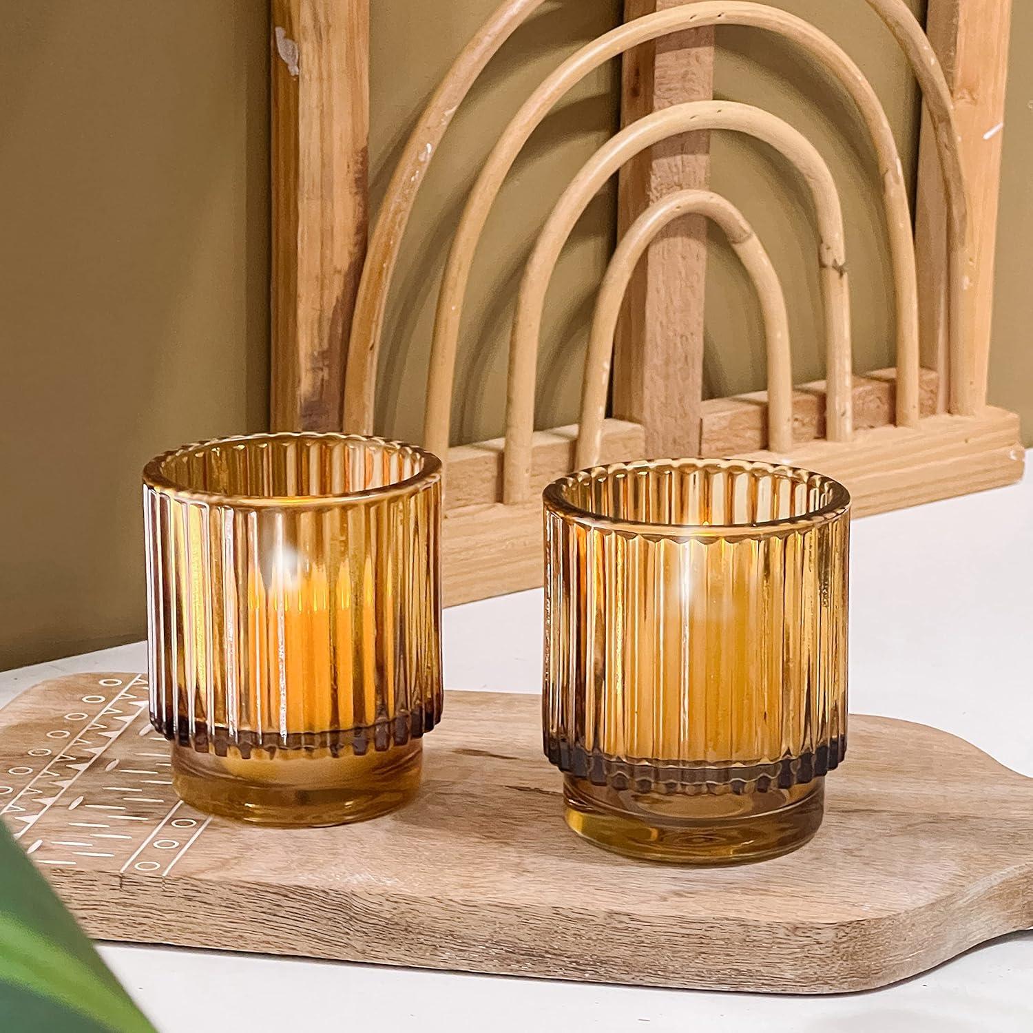 Ribbed Amber Glass Tealight Candle Holders Set of 6