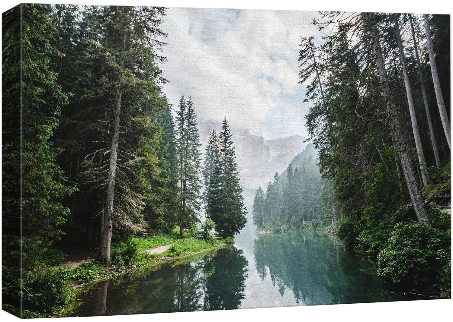 wall26 Canvas Print Wall Art Fall Green Forest with Lake Reflection Nature Wilderness Photography Modern Art Rustic Scenic Colorful Multicolor for Living Room, Bedroom, Office - 24"x36"