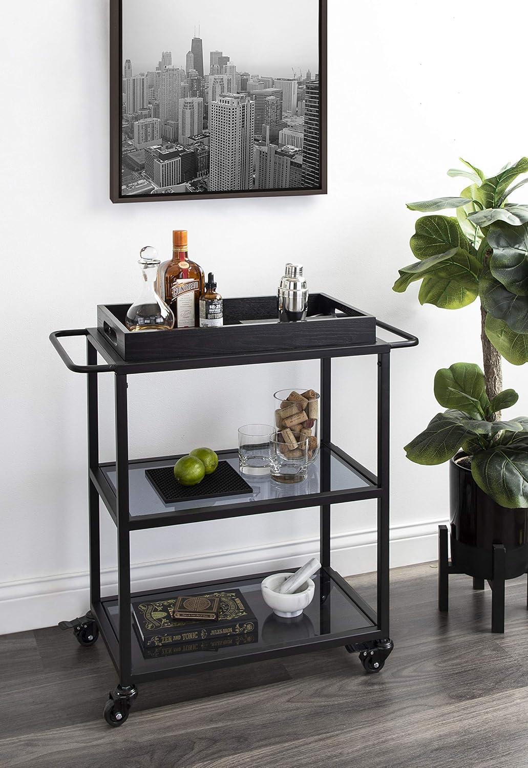 Black Metal Bar Cart with Glass Shelves and Tray