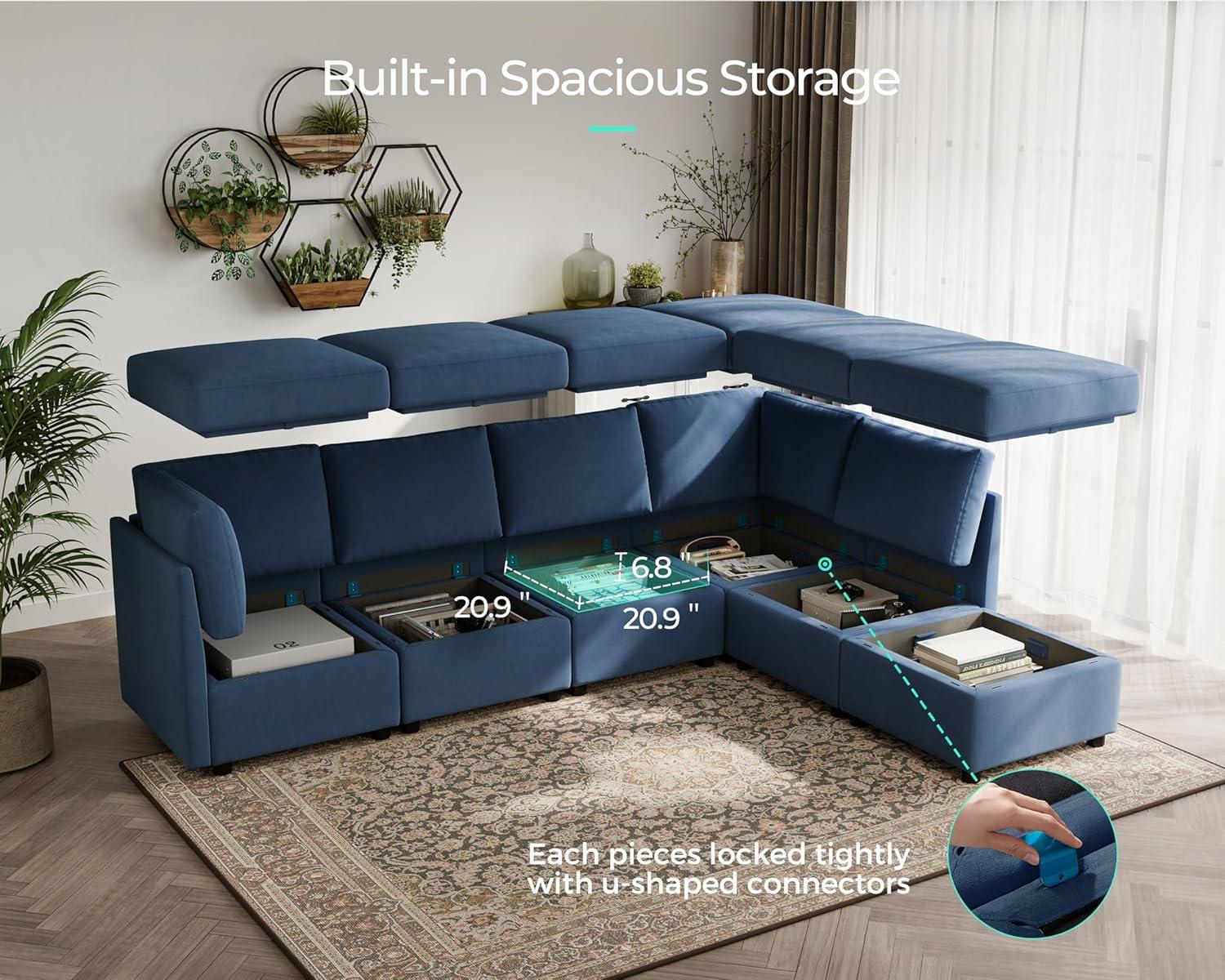 Linsy Home Oversized Modular Couch, Sectional Sofa with Storage Ottomans, Couch with Reversible Chaises, Blue