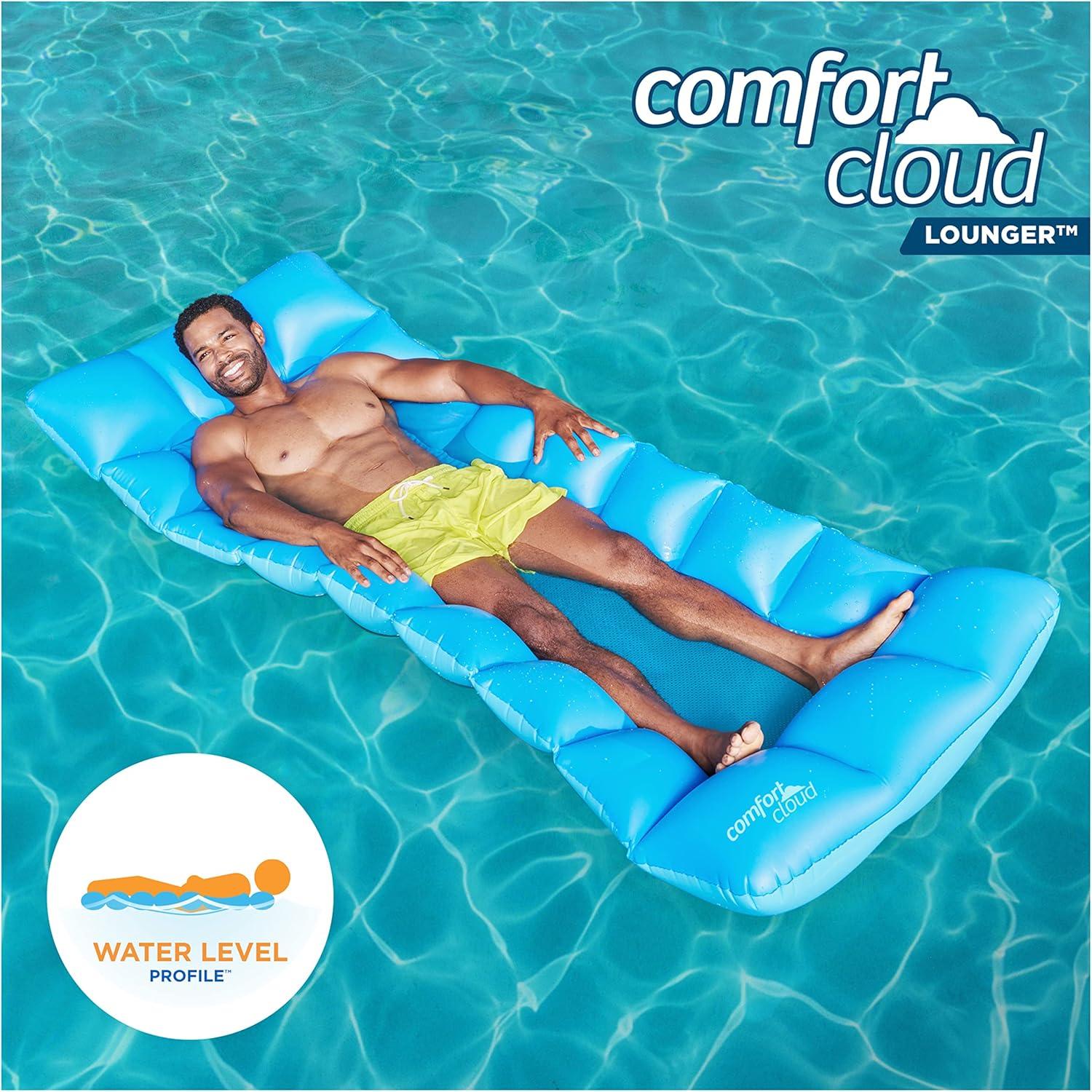 Blue Inflatable Pool Lounger with Headrest and Mesh Bed