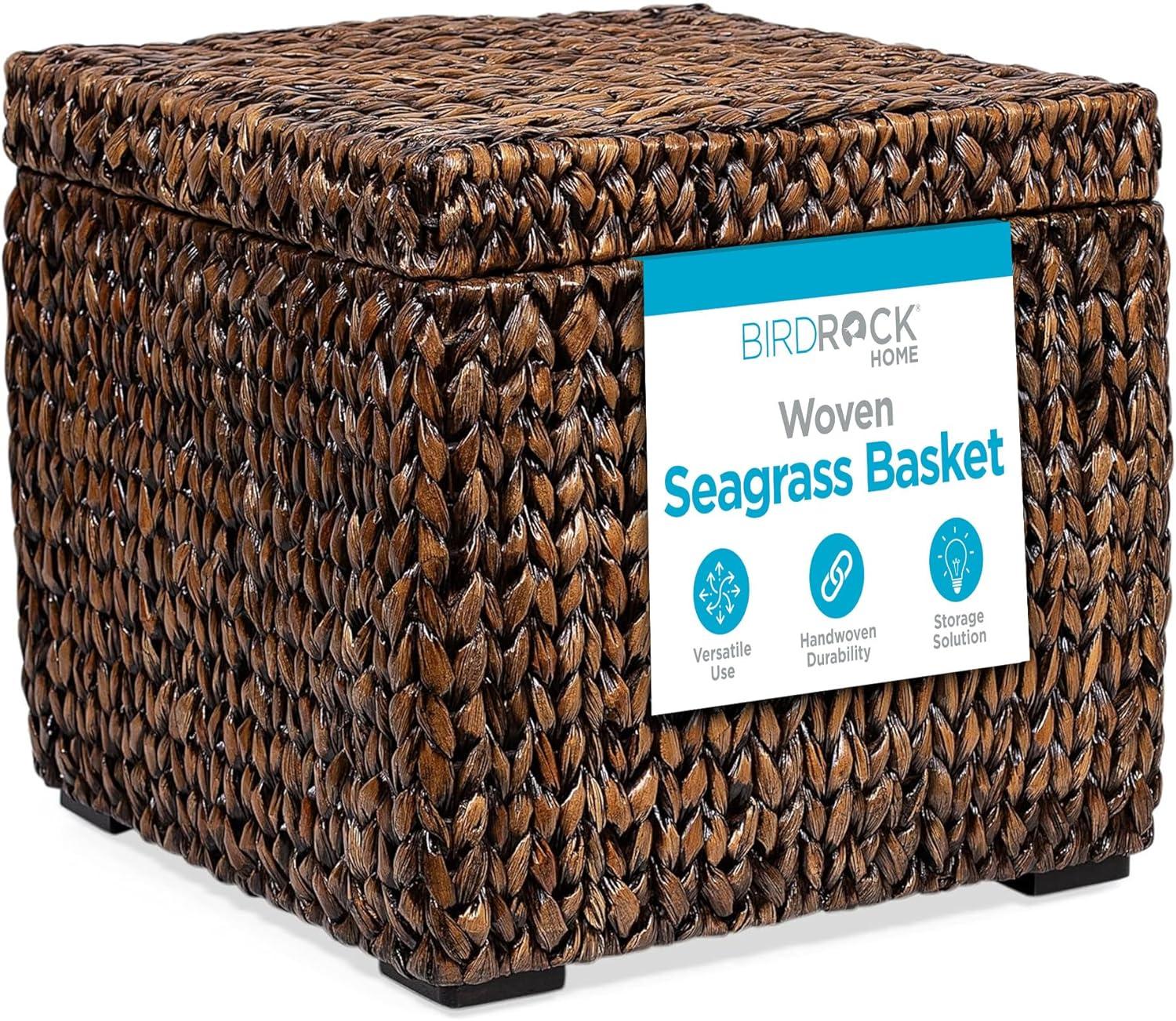 Storage Cube Box with Lid - Brown Wash Seagrass - Hand Woven Container for Blankets Pillows - Sturdy Metal Frame