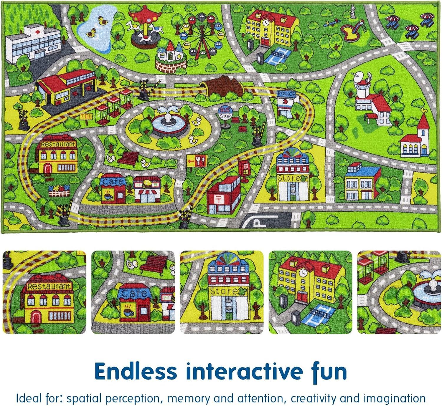 Booooom Jackson Car Rug Kids Car Carpet Playmat Rug 60"x32",Train Rug,Car Mat for Kids Toy Cars,City Kids Rug Play Mat,Non Slip Kids Rug for Playroom Bedroom Boys,Children Play Area Rug Cars,Road Rug