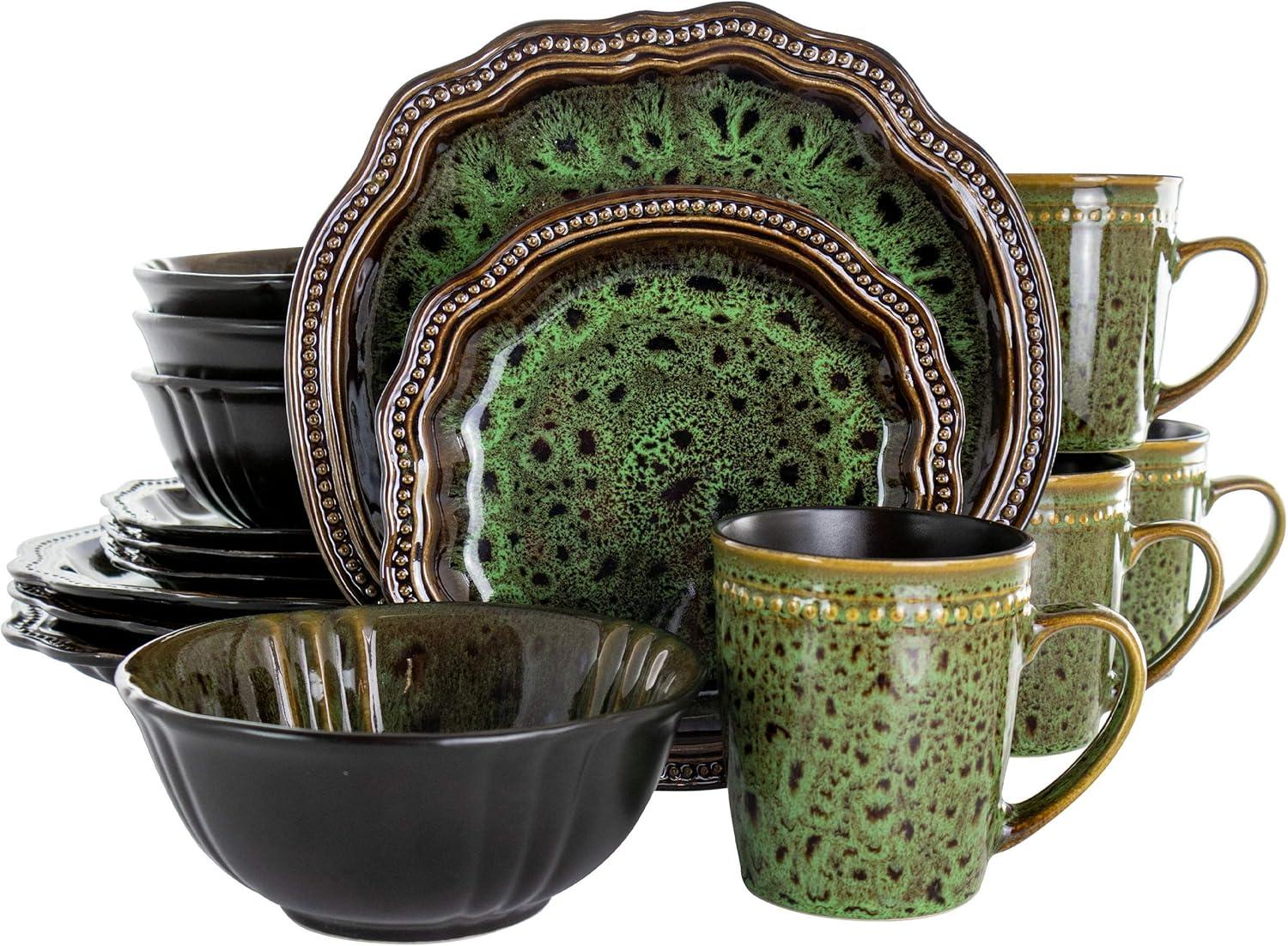 Elama Jade Waves Green Ceramic 16-Piece Dinnerware Set