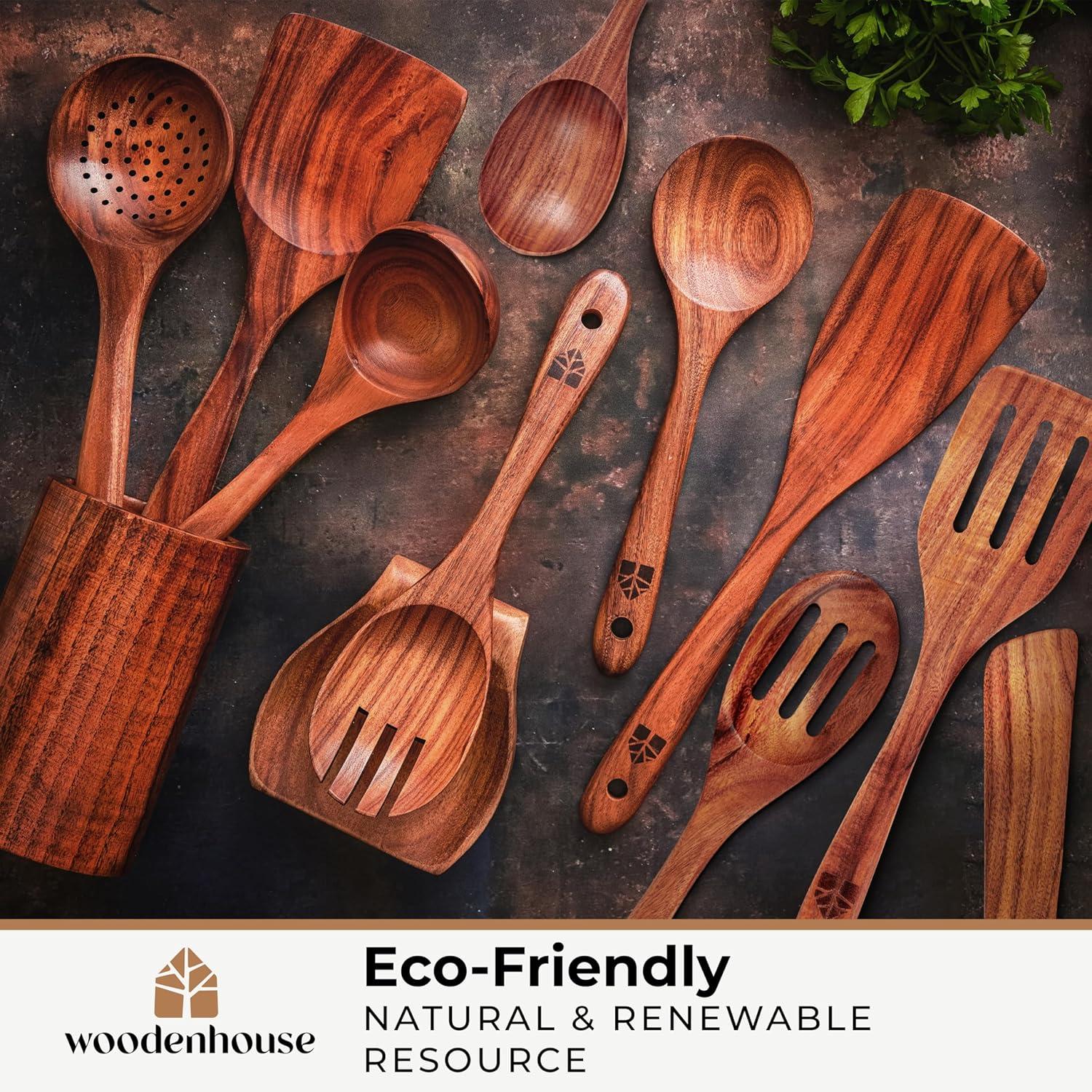 Wooden Spoons for Cooking – Wooden Cooking Utensils Set with Holder, Spoon Rest & Hooks, Teak Wood Nonstick Kitchen Cookware – Durable Set of 12pcs by Woodenhouse