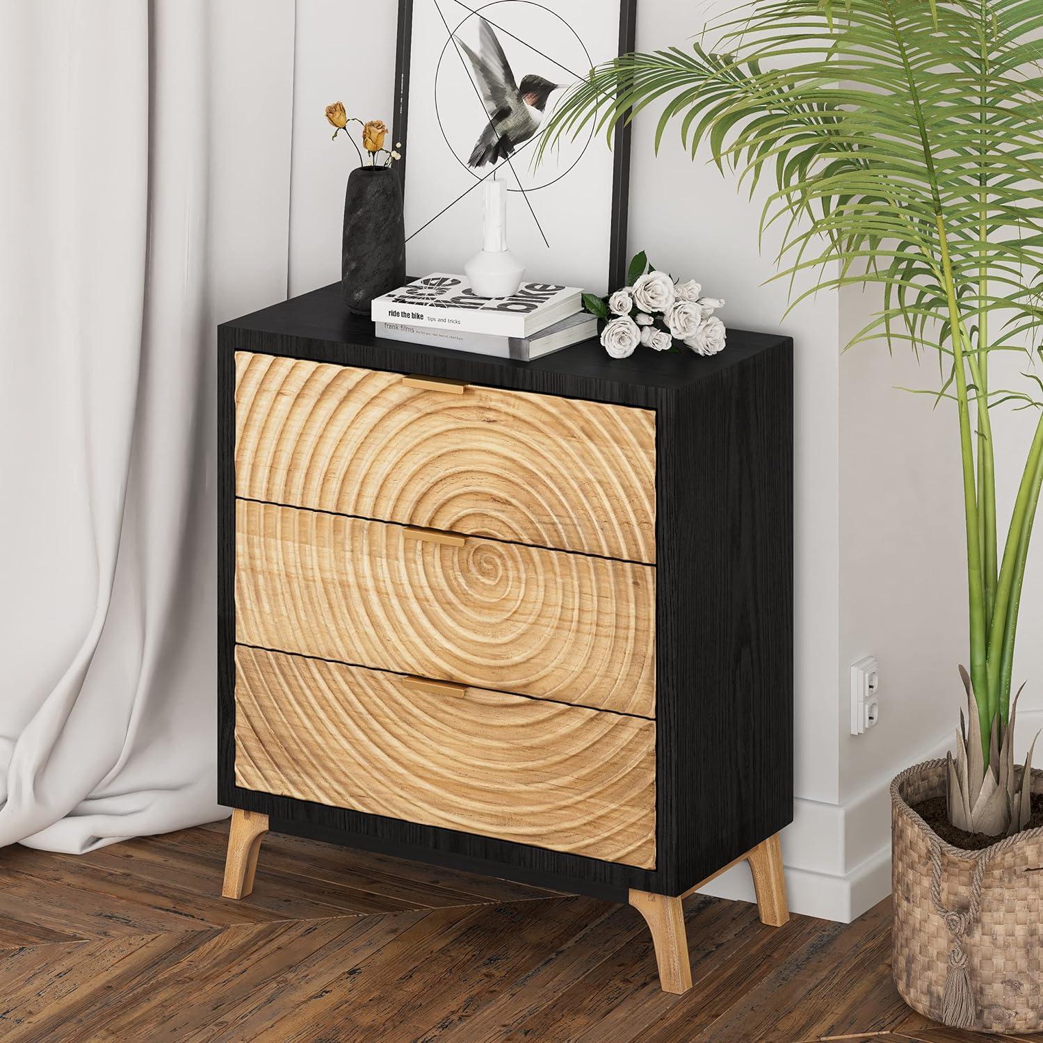 COZAYH Modern Farmhouse Living Room Nightstand, Drawer with Handcrafted Wood Ring Motif, 3-Drawer Black Nightstand