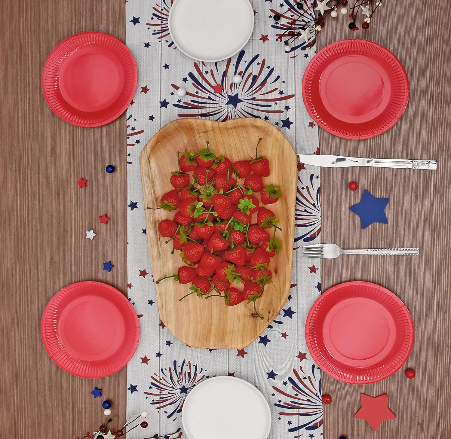 The Holiday Aisle® Fireworks Table Runner 4Th Of July Patriotic Memorial Day Independence Day Holiday Kitchen Dining Table Decoration,Holiday Burlap Table Cover, 13 X 70 Inch, Americana Stars, Red, White, Blue.