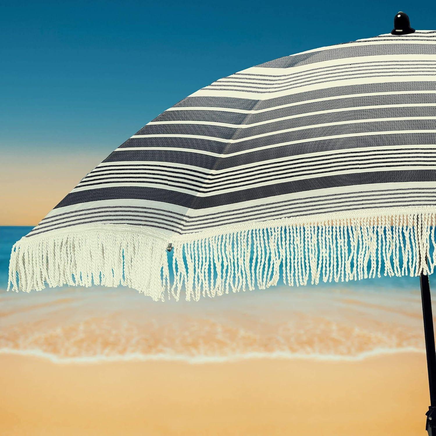 Striped Black and White Beach Umbrella with Fringe