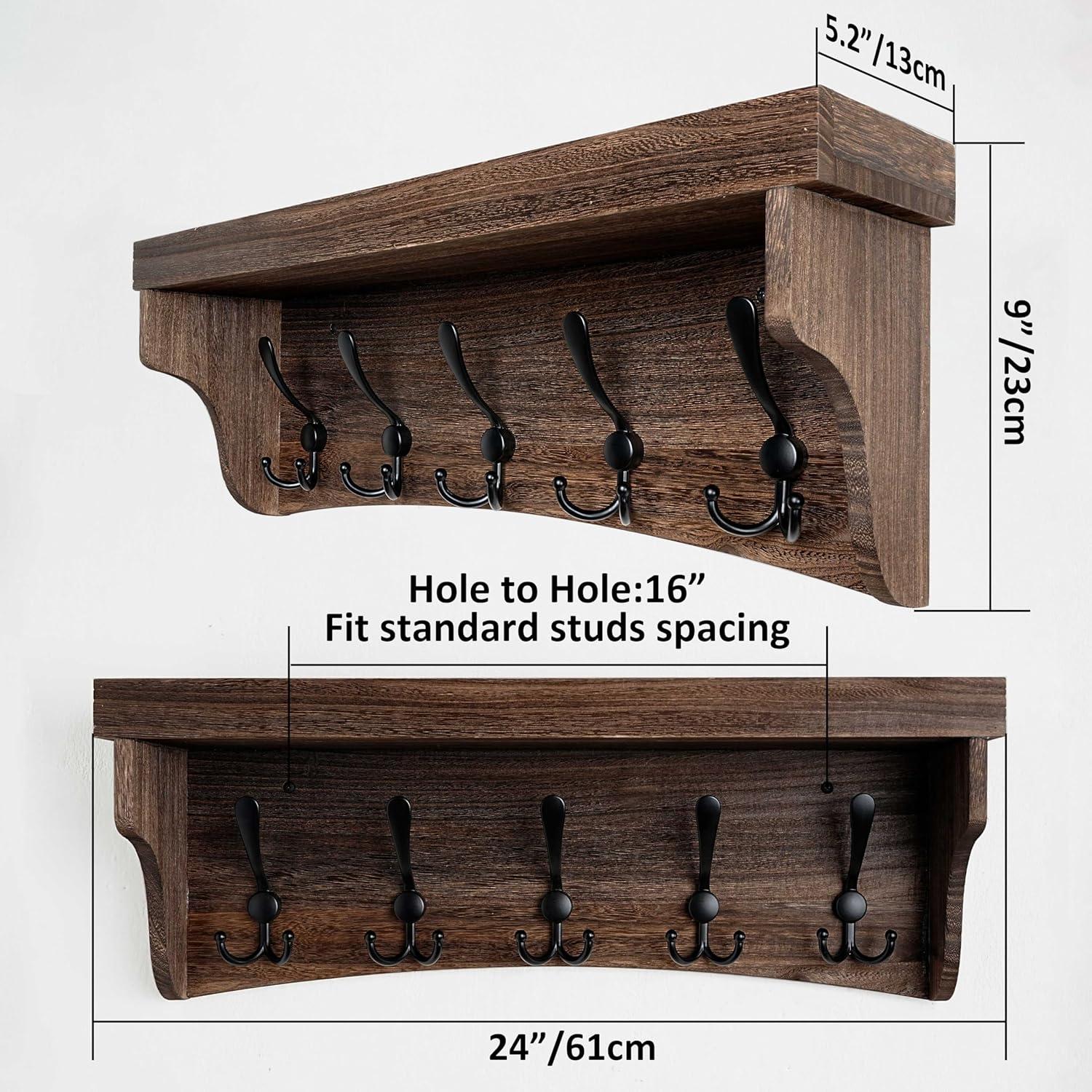 HBCY Creations Rustic Brown Solid Wood Wall Mounted Coat Rack with Shelf, 5 Hooks, 24" Long - Kitchen, Mudroom, Entryway, Bathroom - Includes Mounting Hardware, Coat Hanger, Dog Leash Hooks