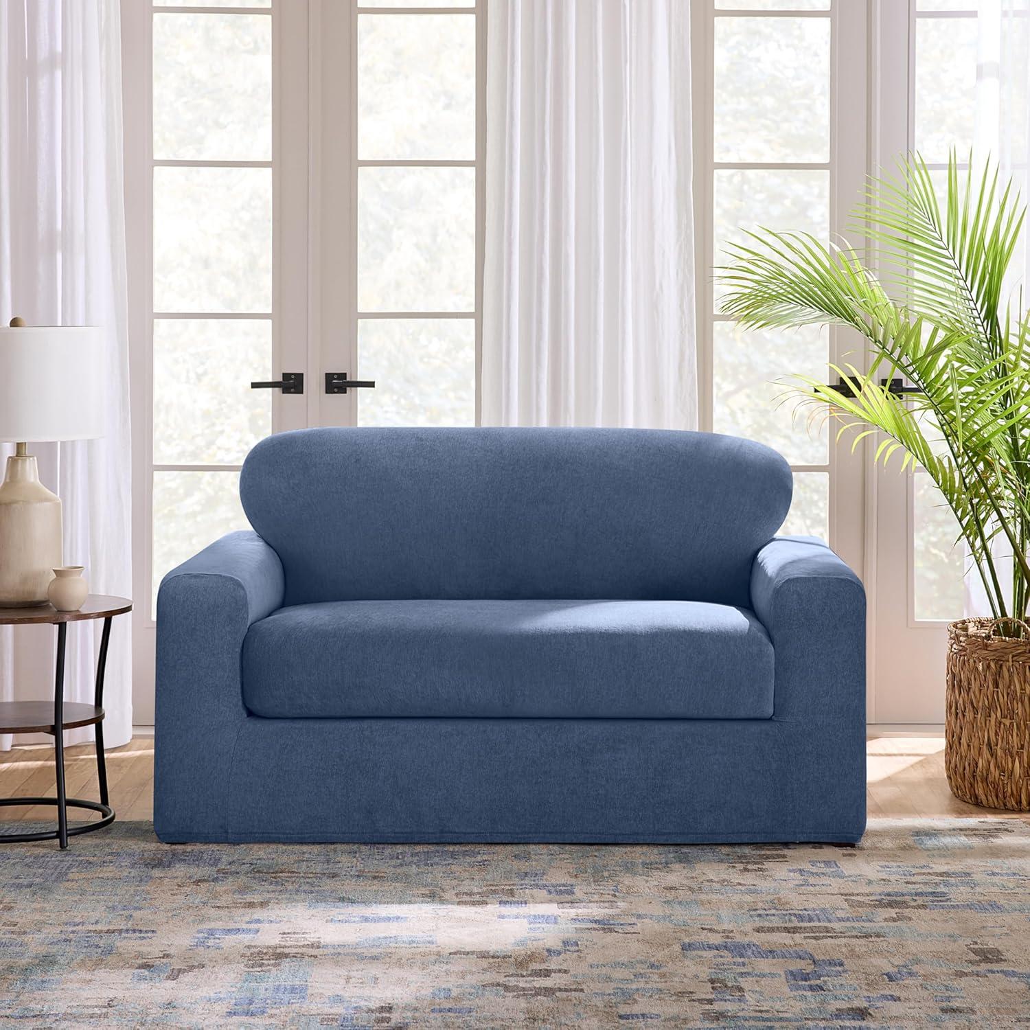 Indigo Two-Piece Stretch Loveseat Slipcover with Textured Design