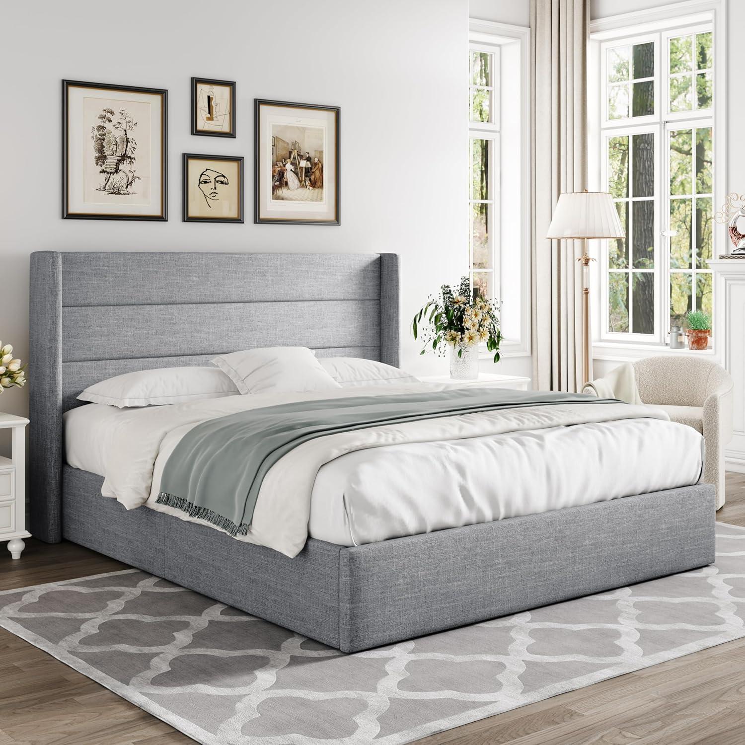 Light Gray Full Size Upholstered Storage Bed with Wingback Headboard