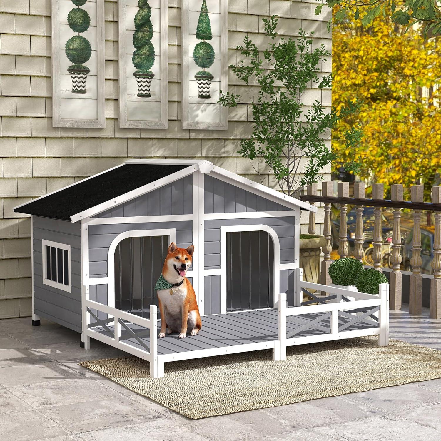 PawHut 59"x64"x39" Wood Large Dog House Cabin Style Elevated Pet Shelter w/Porch Deck