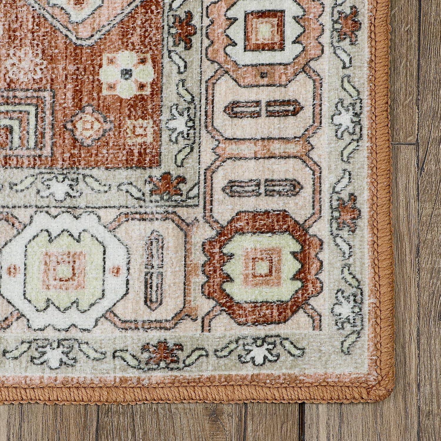Machine Washable Thin Area Rug - Oriental Vintage Rust Red Kitchen, Bedroom, Hallway, Bathroom, and Entryway 3x5 Rugs - Stain and Water-Resistant - Non-Slip - Pet and Kid Friendly