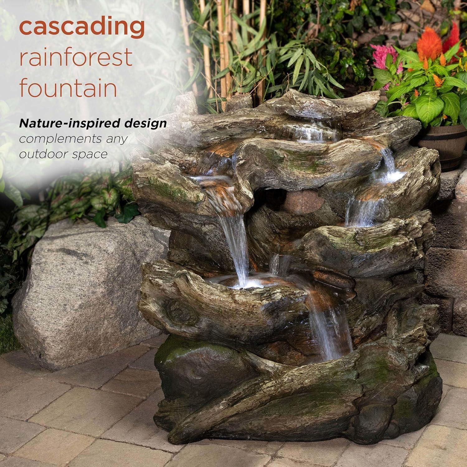 Alpine Corporation 40" x 23" x 30" Outdoor Polystone Light-Up Rainforest Plug-In Fountain, Brown