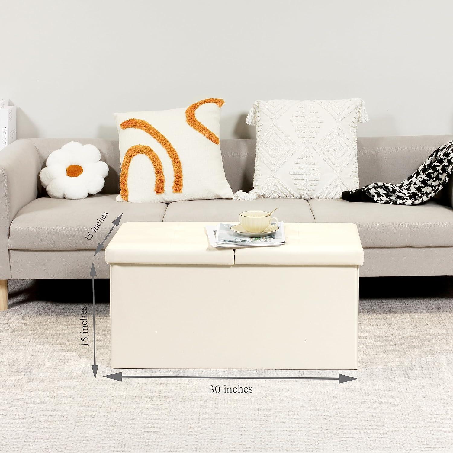 SONGMICS 30 Inches Folding Storage Ottoman Bench with Flipping Lid White