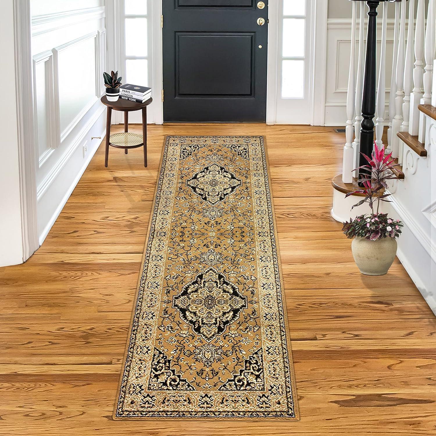 Gold Floral Medallion Synthetic Indoor Runner Rug 2'7" x 8'