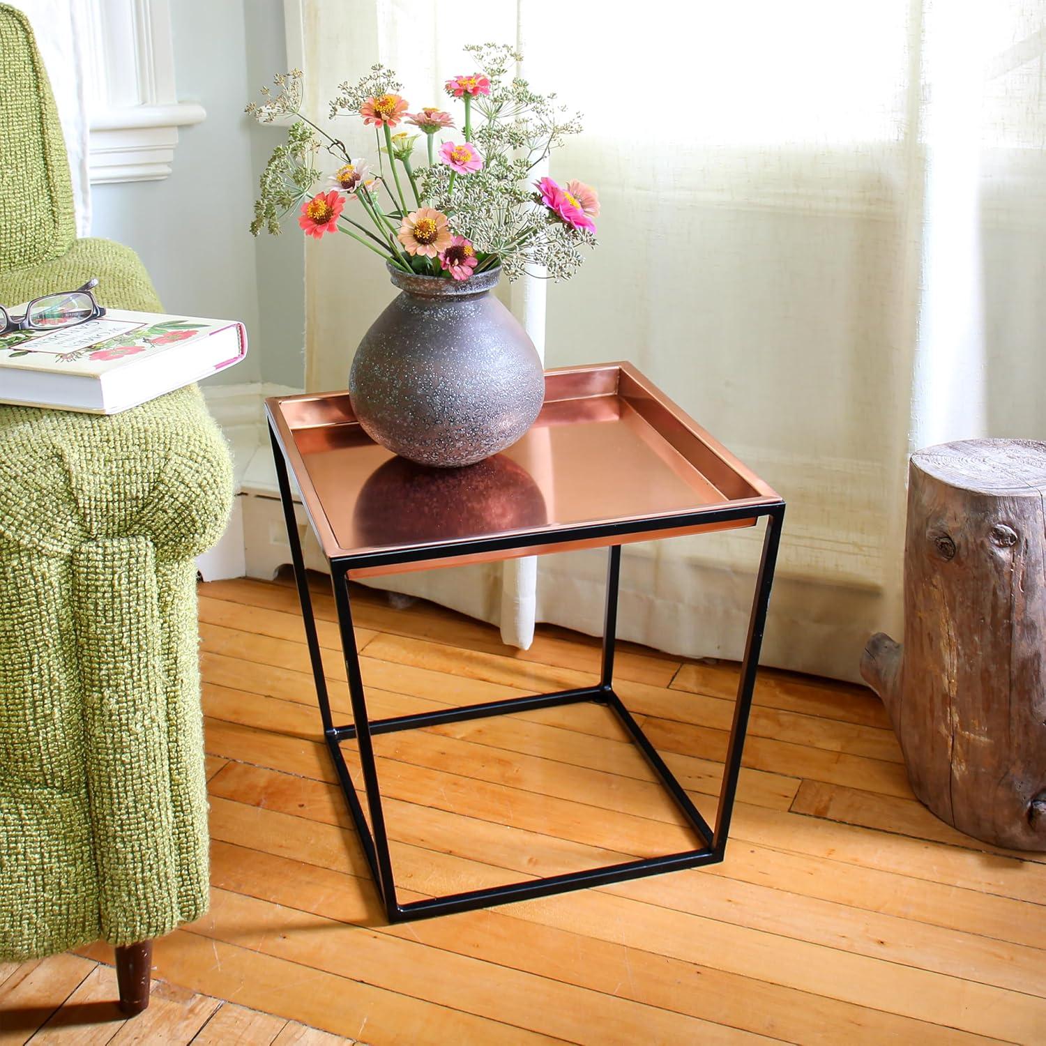 15" Black Wrought Iron Plant Stand with Copper Tray