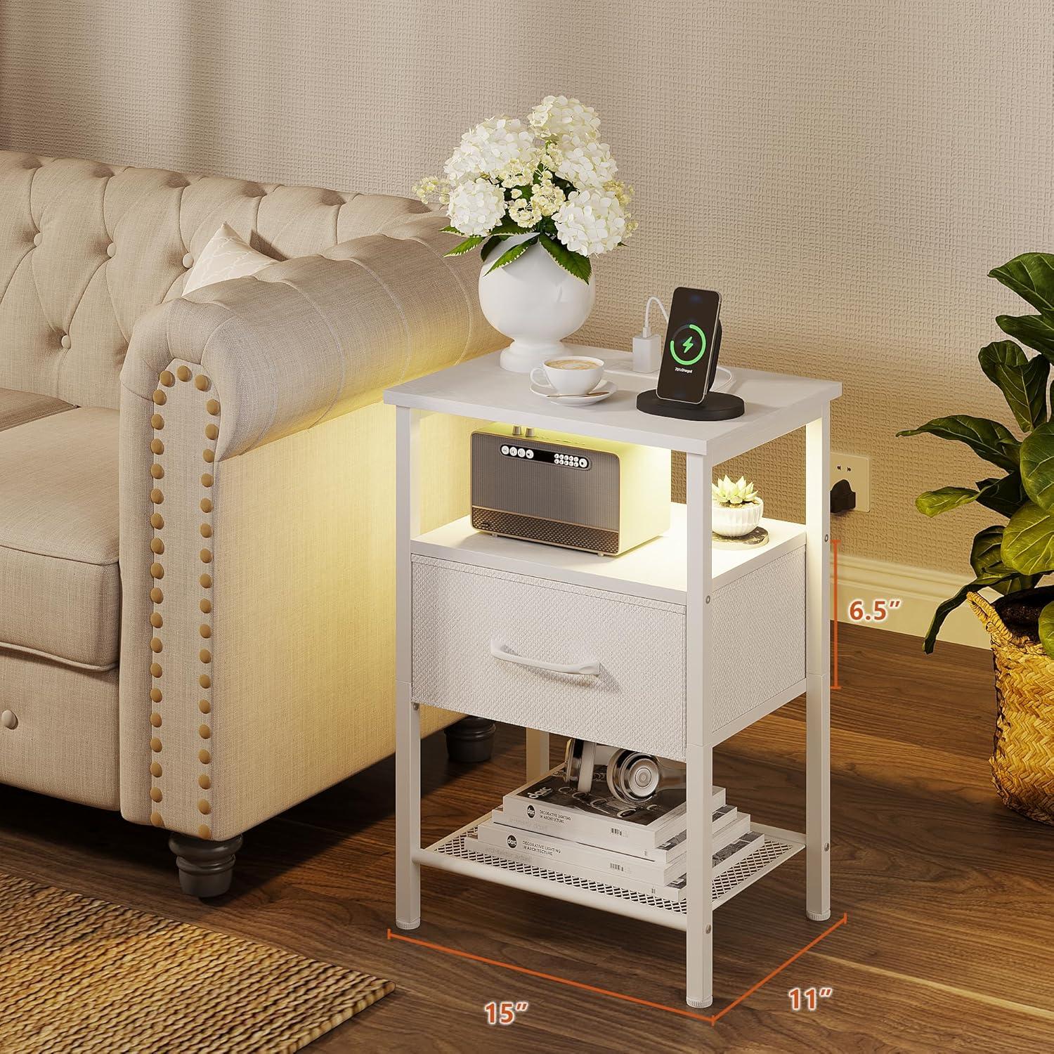 End Table with Charging Station, Narrow Side Table with 2 Fabric Drawers, Skinny Nightstand with LED Light, Slim Bedside Table for Bedroom, Living Room, Small Spaces, White