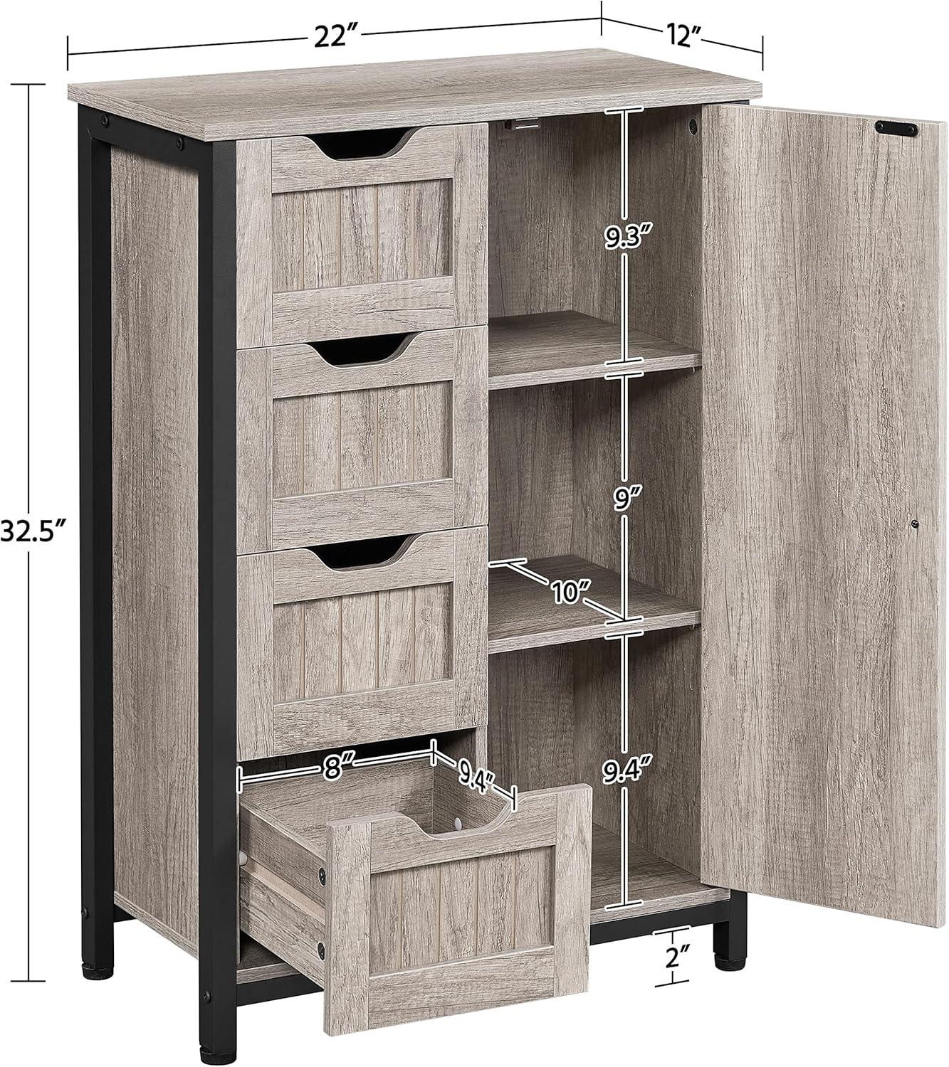 Gray Industrial Bathroom Cabinet with Adjustable Shelves and Drawers