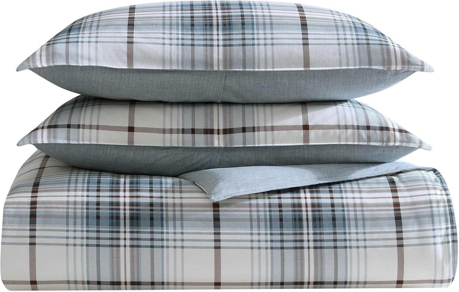 Alder Blue and Grey Plaid Cotton Twin Comforter Set