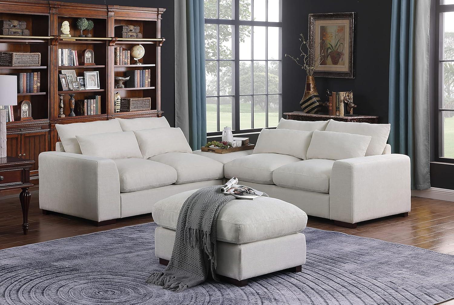 Biaggio Linen Blend Sectional with 2 Ottomans