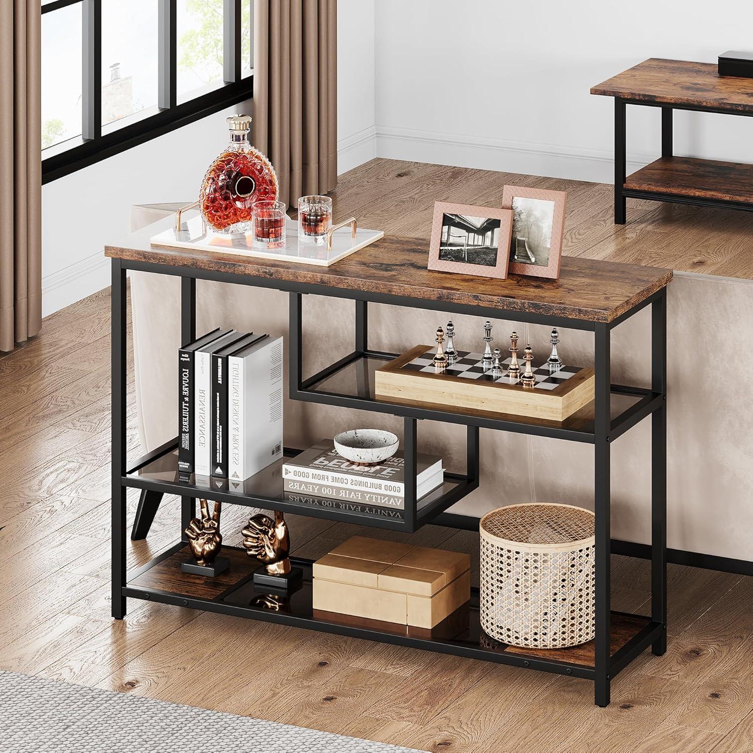 Rustic Brown and Black 4-Tier Console Table with Glass Shelves