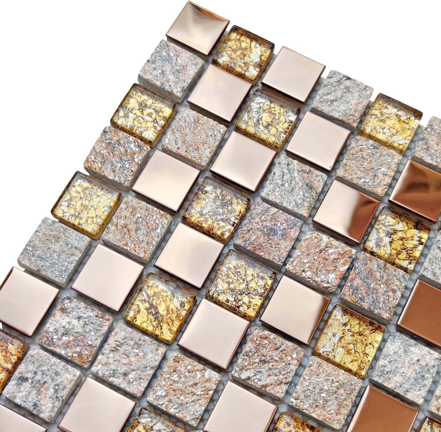 Luxury Glass Stone Tile Rose Gold Glitter Metal Mosaic Accent Backsplash Tiles in Kitchen Bathroom Walls and Fireplace Decor (5 Square Feet)