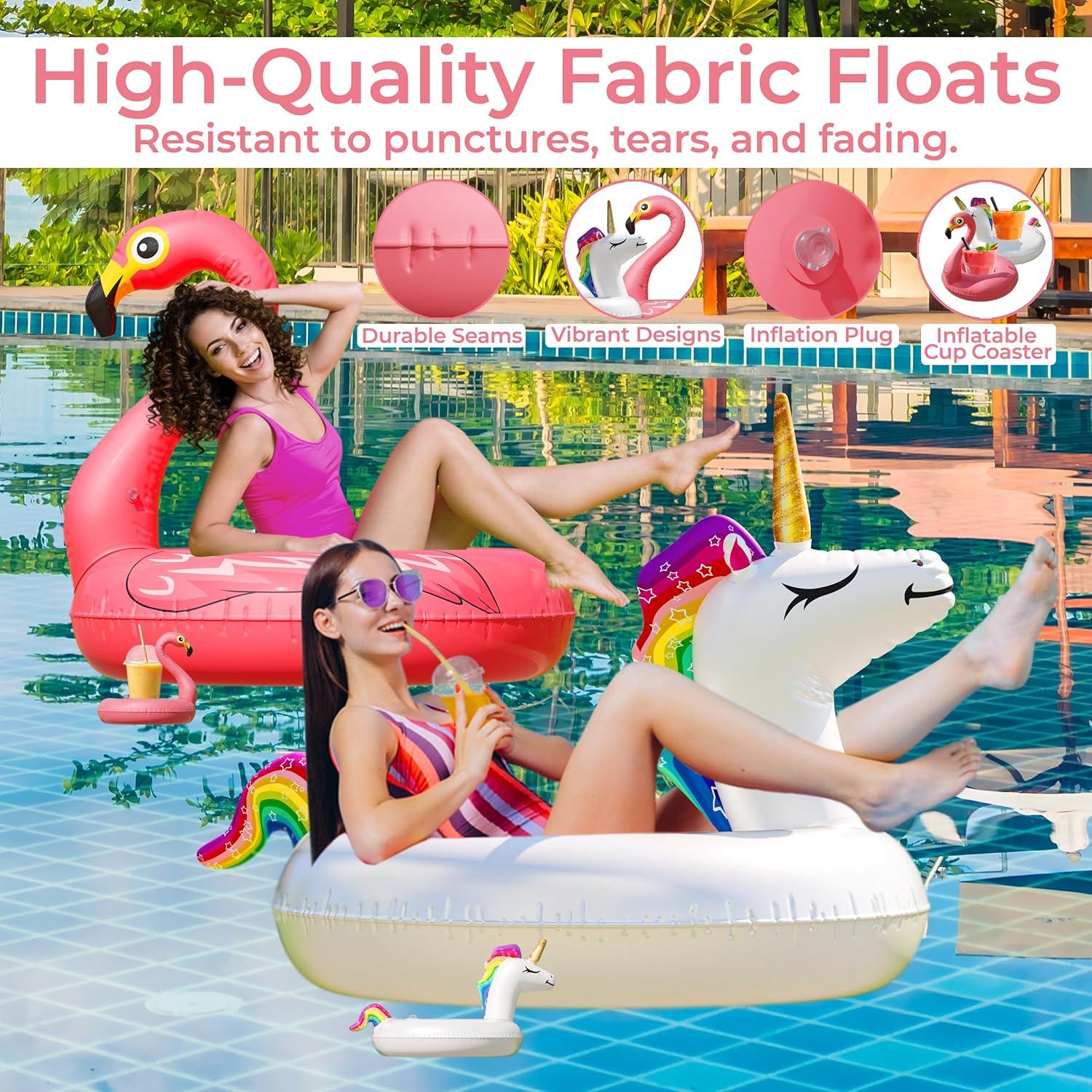 Joyfy 2 Packs Pool Floats Tube, Inflatable Unicorn Flamingo Pool Toys Floaties with Headrest, Pool Swim Ring for Kids Adults Beach Lake Summer Fun
