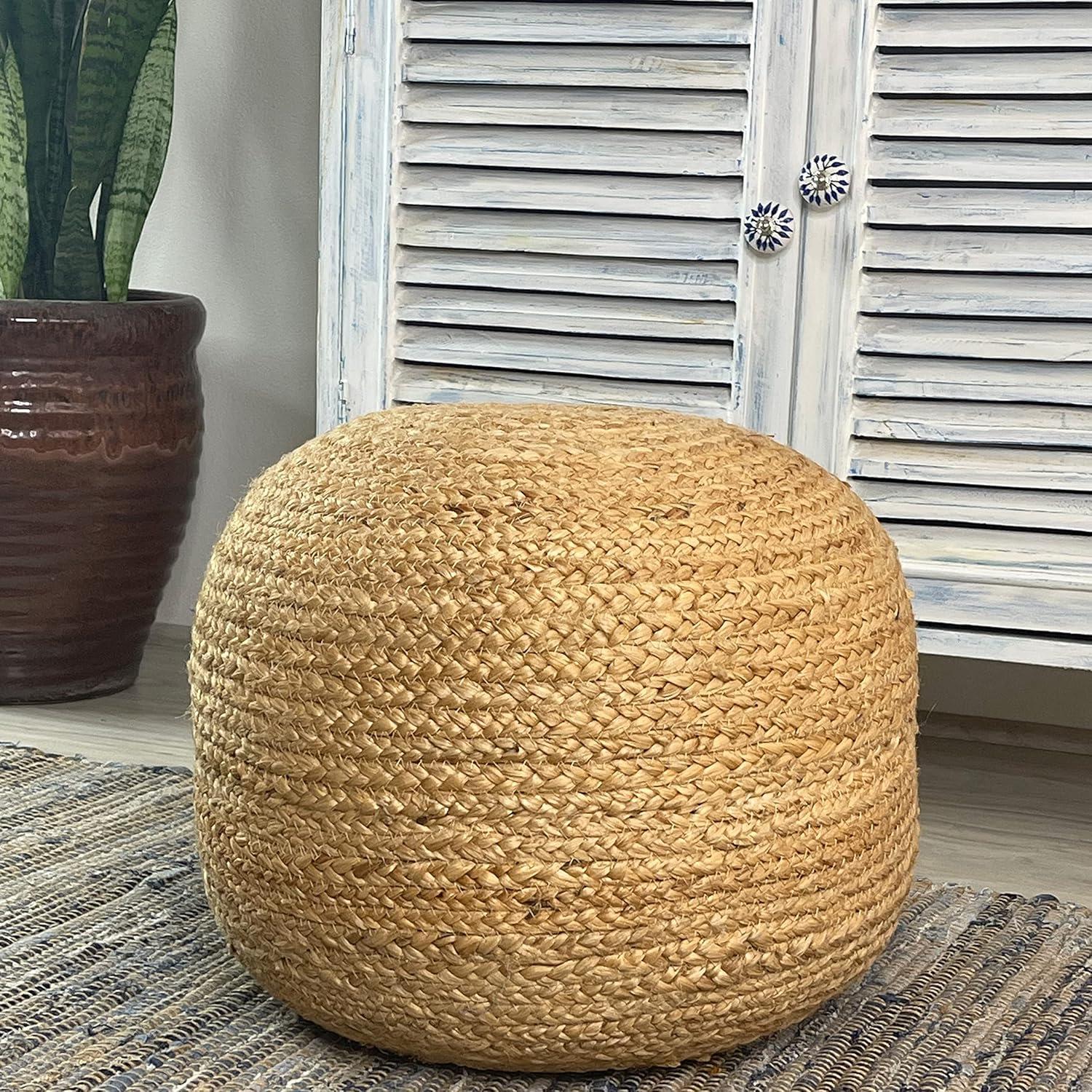 Chardin home- Natural Braided Ottoman Pouf - Cozy & Bohemian Jute/Hemp Hand Crafted Casual Seating for Home, Office, Bedroom, 18"x18"x14". (Golden Brown)